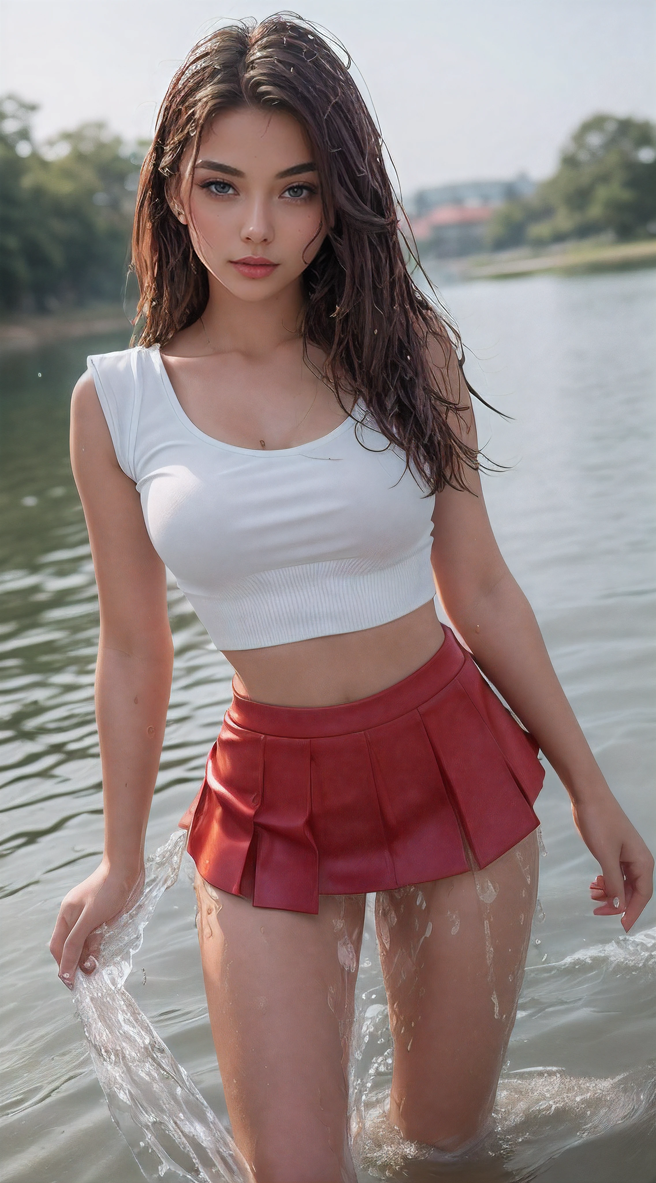 Girl Model V1.5 She is 20 years old, Third breast size, Beautiful Sexy Face Makeup, ((Beautiful figure, Slim model )) Light brown thick waist-length hair, outfit: (( Red Mini Skirt White Top ,)) ((Girl up to shin in water running on water, Splashes with water