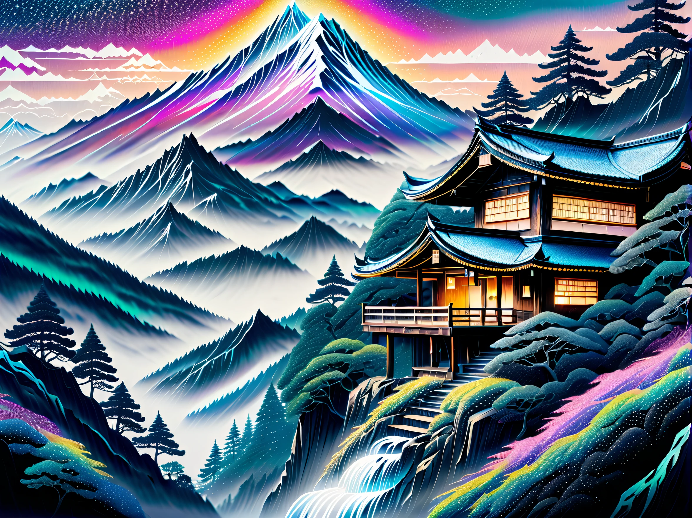 adorned flowing robes of majestic mountain goddess and shimmering holographic mountain cabin, natural landscape, stunning detail with a mix of traditional and modern techniques, stunning masterful japan ink, use of mastery of various techniques and styles, (((radiosity rendered in stunning 32k resolution:1.3))), (((intricate details:1.3))), acid wish,