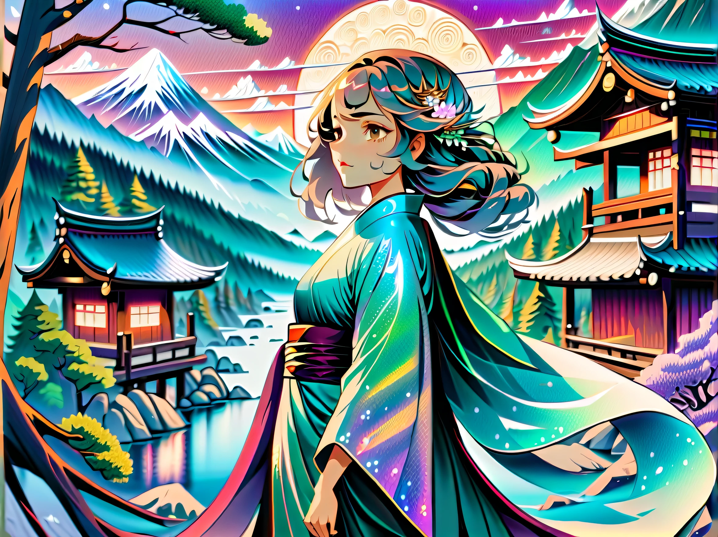 adorned flowing robes of majestic mountain goddess and shimmering holographic mountain cabin, natural landscape, stunning detail with a mix of traditional and modern techniques, stunning masterful japan ink, use of gash technique, (((radiosity rendered in stunning 32k resolution:1.3))), (((intricate details:1.3))),