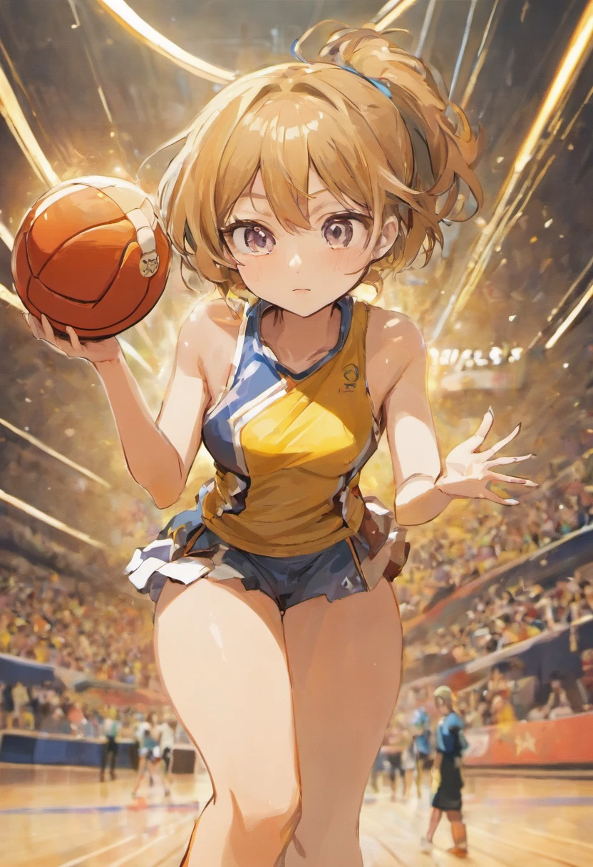 Japanese School Physical education class , healthy Eros , halation , ugly girl , round face , loose body , (Bloomers) , basketball , motion blur , dynamic play