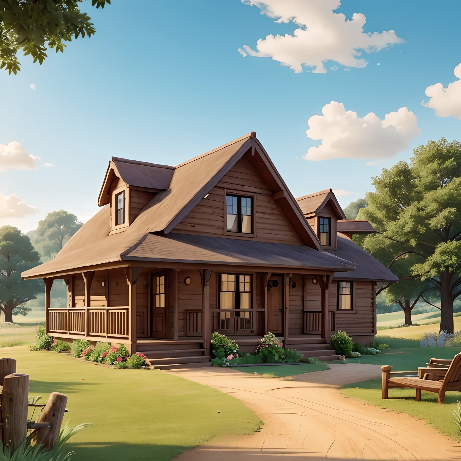 One-story cottage in the countryside with a dirt road