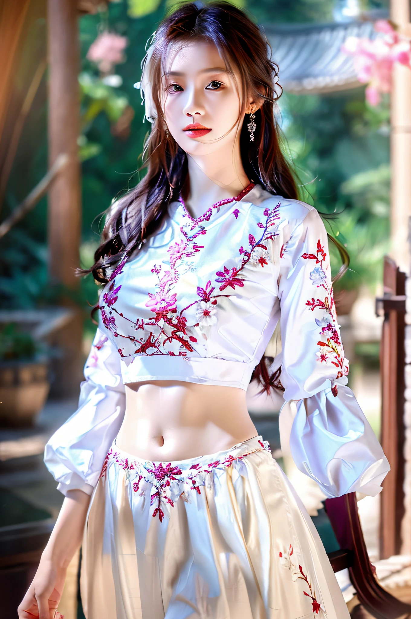 Close-up of a woman in a white dress,There are flowers on it, White Hanfu, with a thin waist, very beautiful elven top model, fantasy style clothing, lovely bohemian princess, floral embroidery, Hanfu, pale milky white porcelain skin, Floral details, Palace , A girl in Hanfu, 8K)), fancy top, floral dream