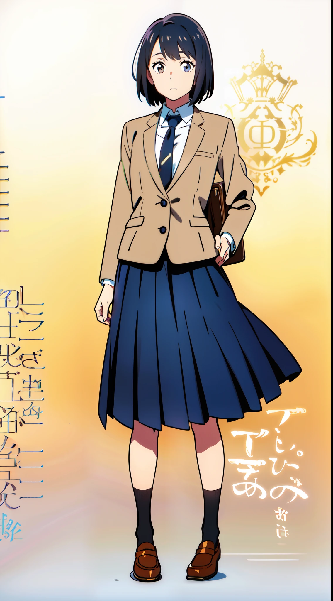 (white background:1.0), (best quality:1.0), (masterpiece:1.0), (full body), (solo:1.0), (1 cute girl:1.0), (long skirt:1.0), (dark blue skirt:1.0), (pleated skirt:1.0), (school uniform beige blazer:1.0), (dark blue necktie:1.0), (black socks:1.0), (loafers:1.0), (tall:1.0), (slender:1.0), (small breasts:1.0), (detailed beautiful eyes:1.0), (detailed beautiful face:1.0), (glowing black eyes:1.0), (short hair:1.0), (strait hair:1.0), (black hair:1.0)