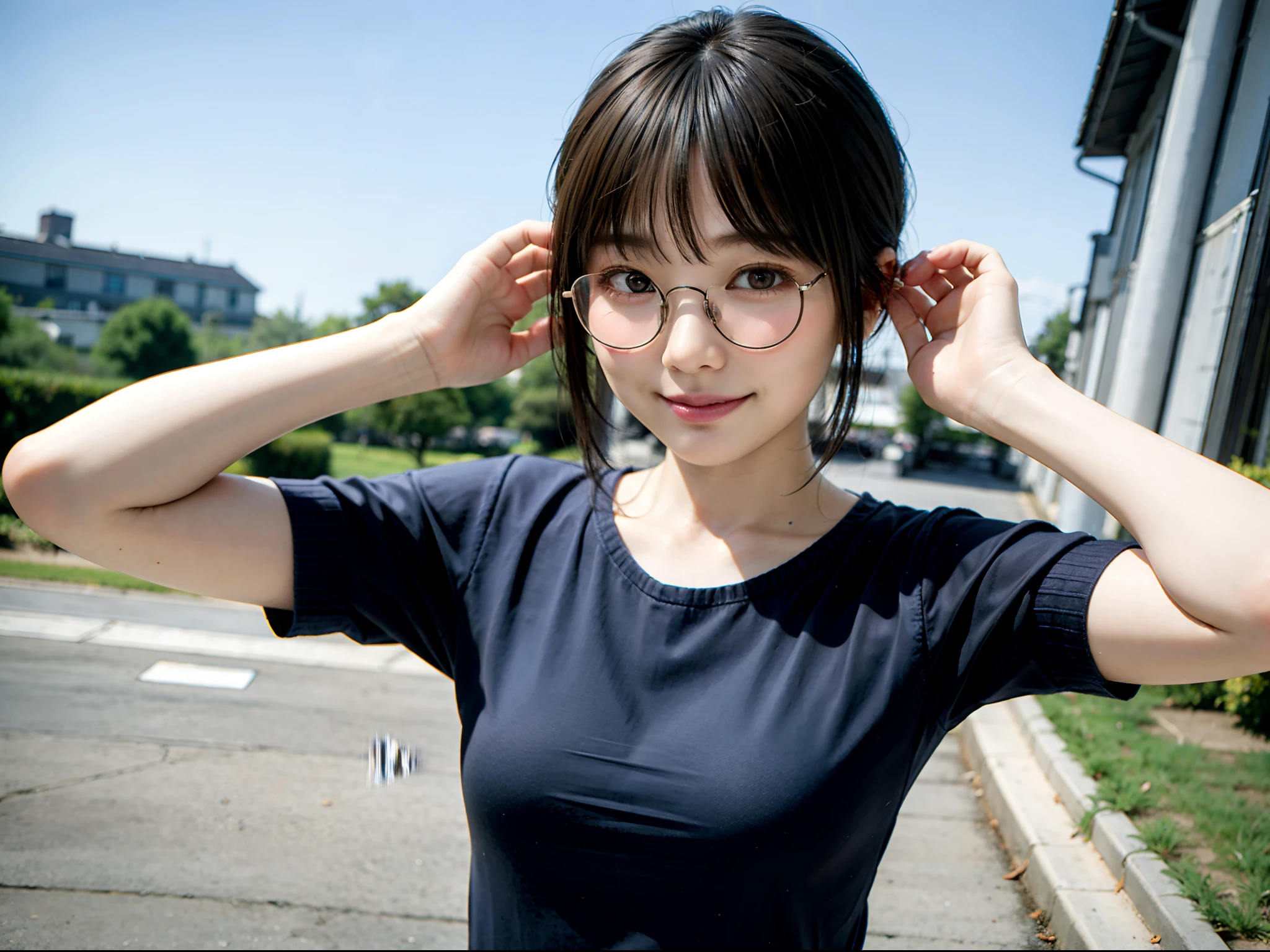 Woman posing in casual clothes、Street corner of Japan、top-quality、女の子 1 人、Small chest、tag、with light glowing、blur backgroun、Bokeh、outside of house、(Street:0.8)、Woman with glasses、Glasses with a thin frame、Round lens glasses、Thin golden glasses frame、Sweaters:1.5、Light blue sweater:1.2、Blue Dress:1.5)、Luxury(Short hair、Forehead:1.2)、Beautiful sky with details、(dynamicposes:1.2)、 (The upper part of the body:0.5)、Soft lighting、the wind、glowy skin、A smile、