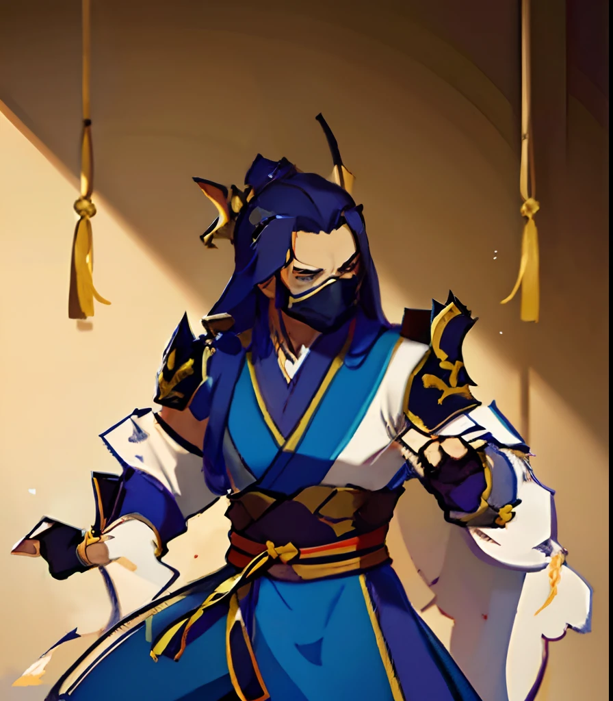 Outfit standing of a person wearing a blue outfit and a mask, character from mortal kombat, mortal kombat 11, mk ninja, in mortal kombat, fighting game character, as a character in tekken, style of mortal kombat, mortal kombat, scorpion from mortal kombat, video game character, dead or alive 6, costume with blue accents, hanzo from overwatch,chinese