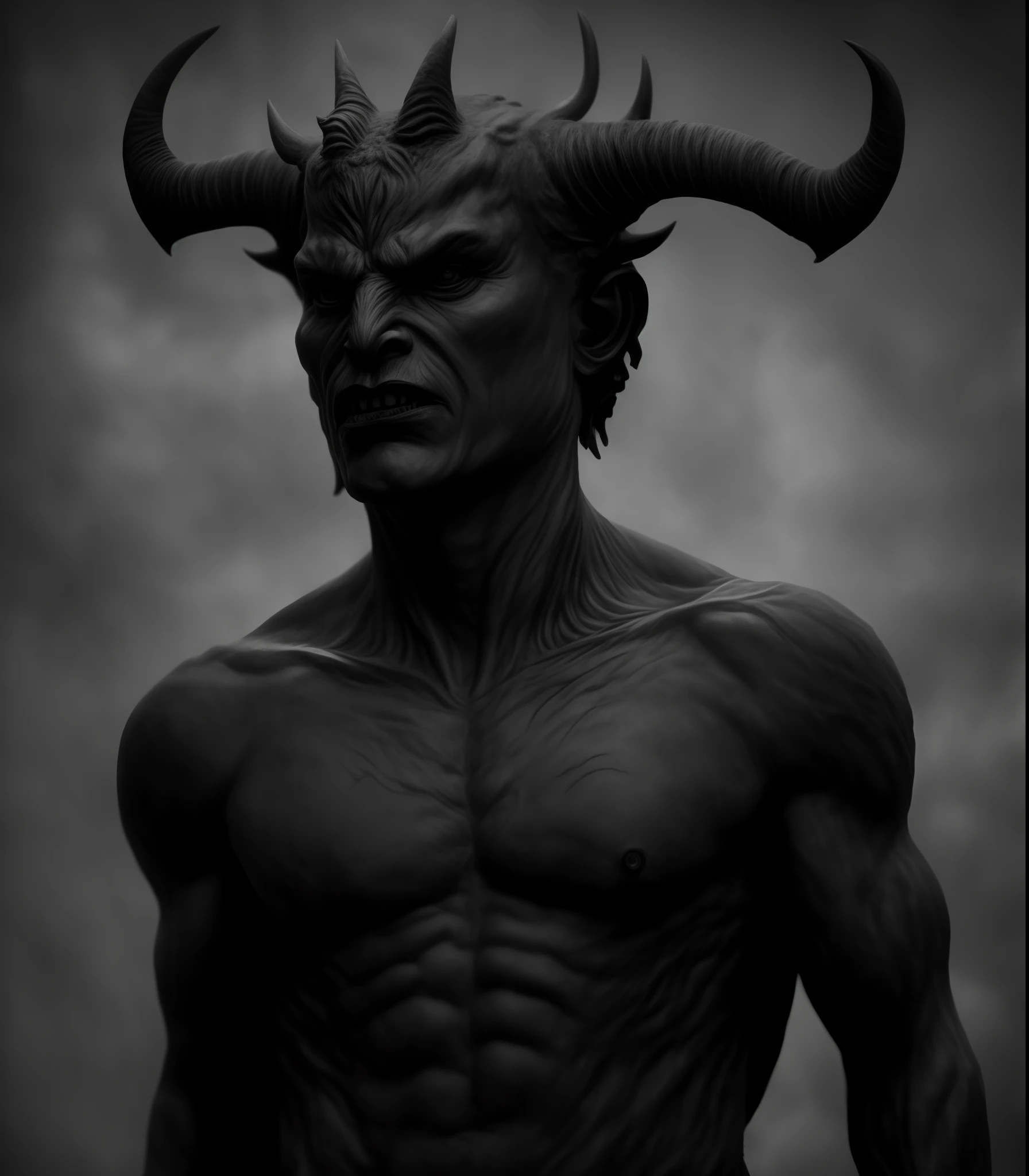 a black and white photo of a man with horns on his head, fit male demon with white horns, satanic body, horned god, demon lord, human male demon, man male demon, portrait demon half human, portrait of a demon, with horns, demon male, satan in hell, moloch, sculpture of moloch, demonic creature