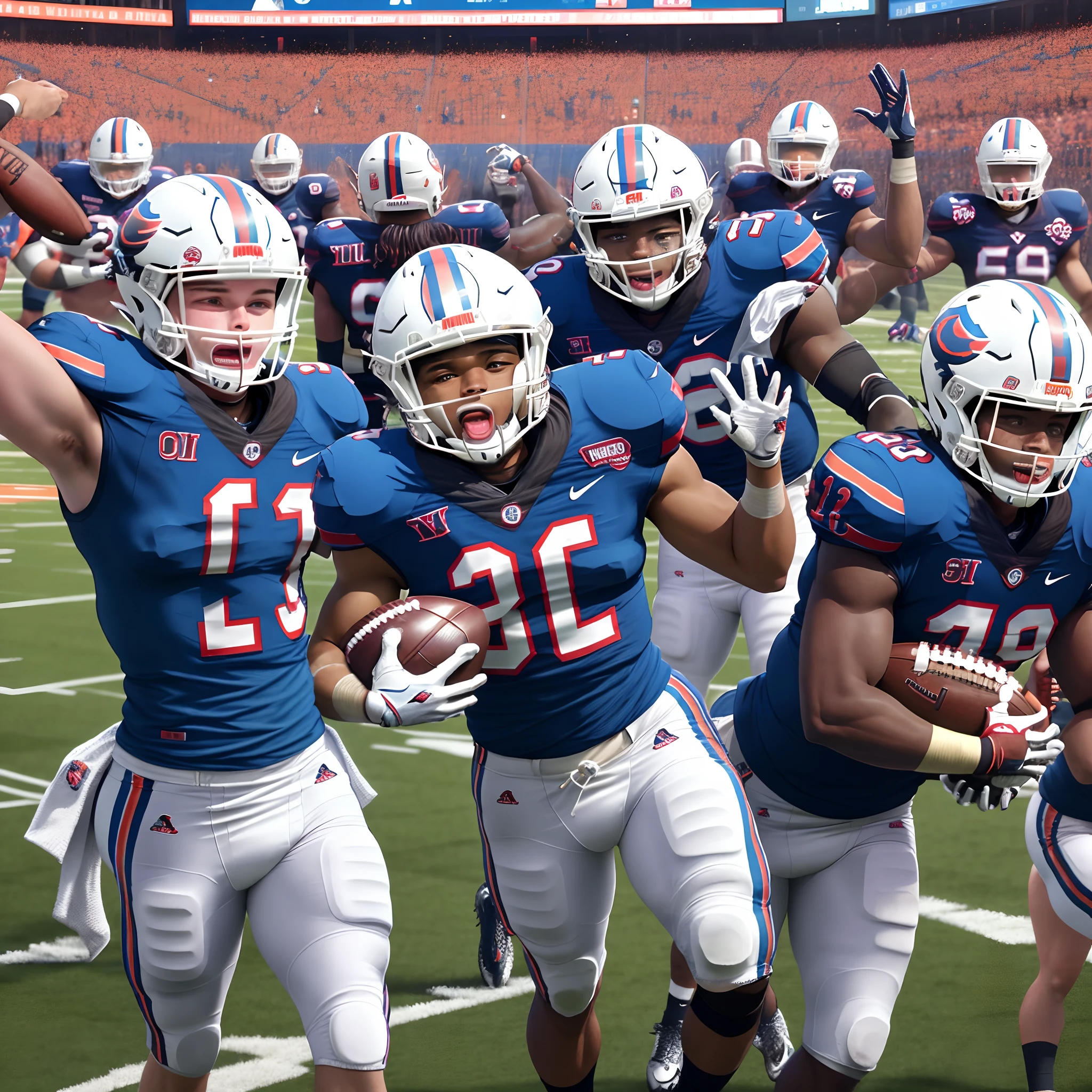 Florida gator football players celebrating a victory over Georgia football players on a football field