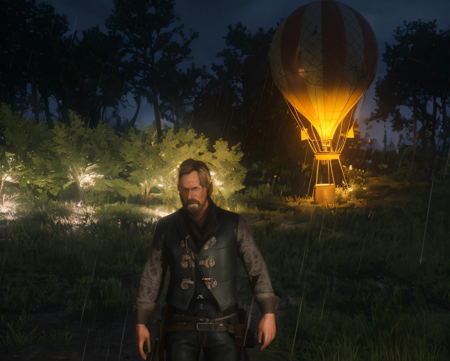 There's a man standing in the rain with a hot air balloon in the background, Arthur Morgan, RDR 2 Mod |, fantasy atmospheric lighting, cinematic front lightning, Detailed lighting and thunder, Em Red Dead Redemption 2, Em Red Dead Redemntion 2, moderate atmospheric illumination, Captura de tela do videogame>, Trump em RDR2, dynamic and atmospheric lighting, cinematic atmospheric lighting