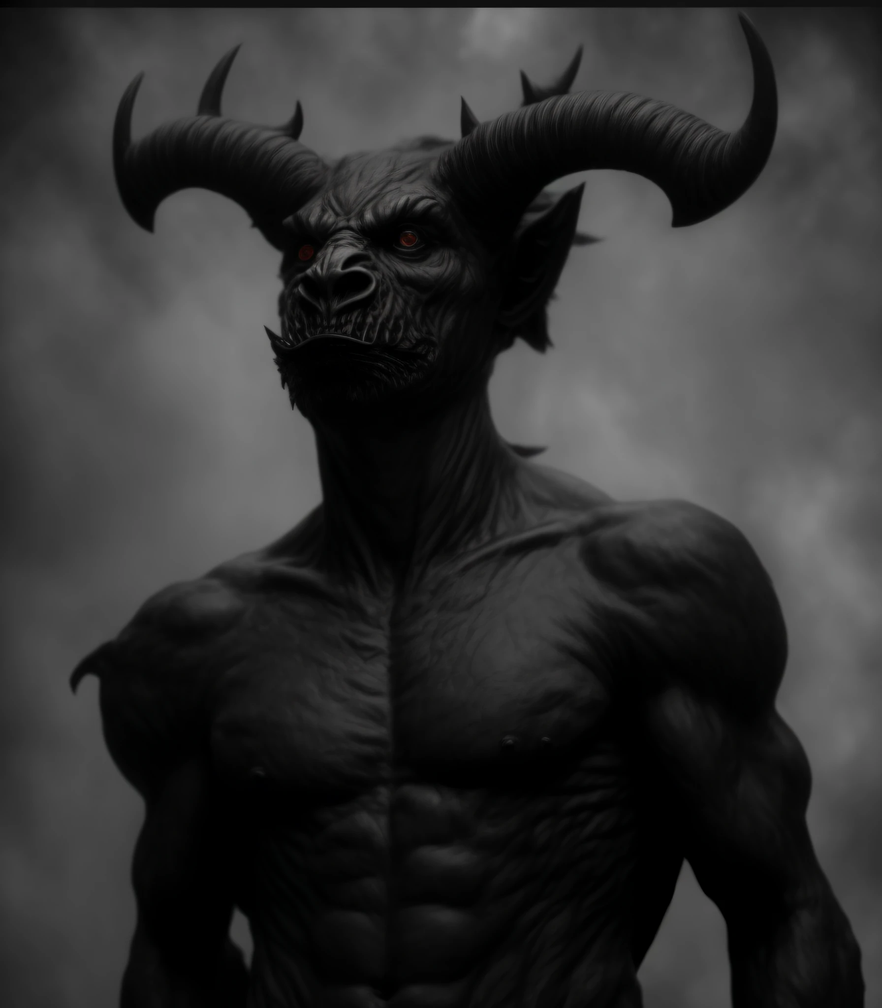 a black and white photo of a man with horns on his head, fit male demon with white horns, satanic body, horned god, demon lord, human male demon, man male demon, portrait demon half human, portrait of a demon, with horns, demon male, satan in hell, moloch, sculpture of moloch, demonic creature