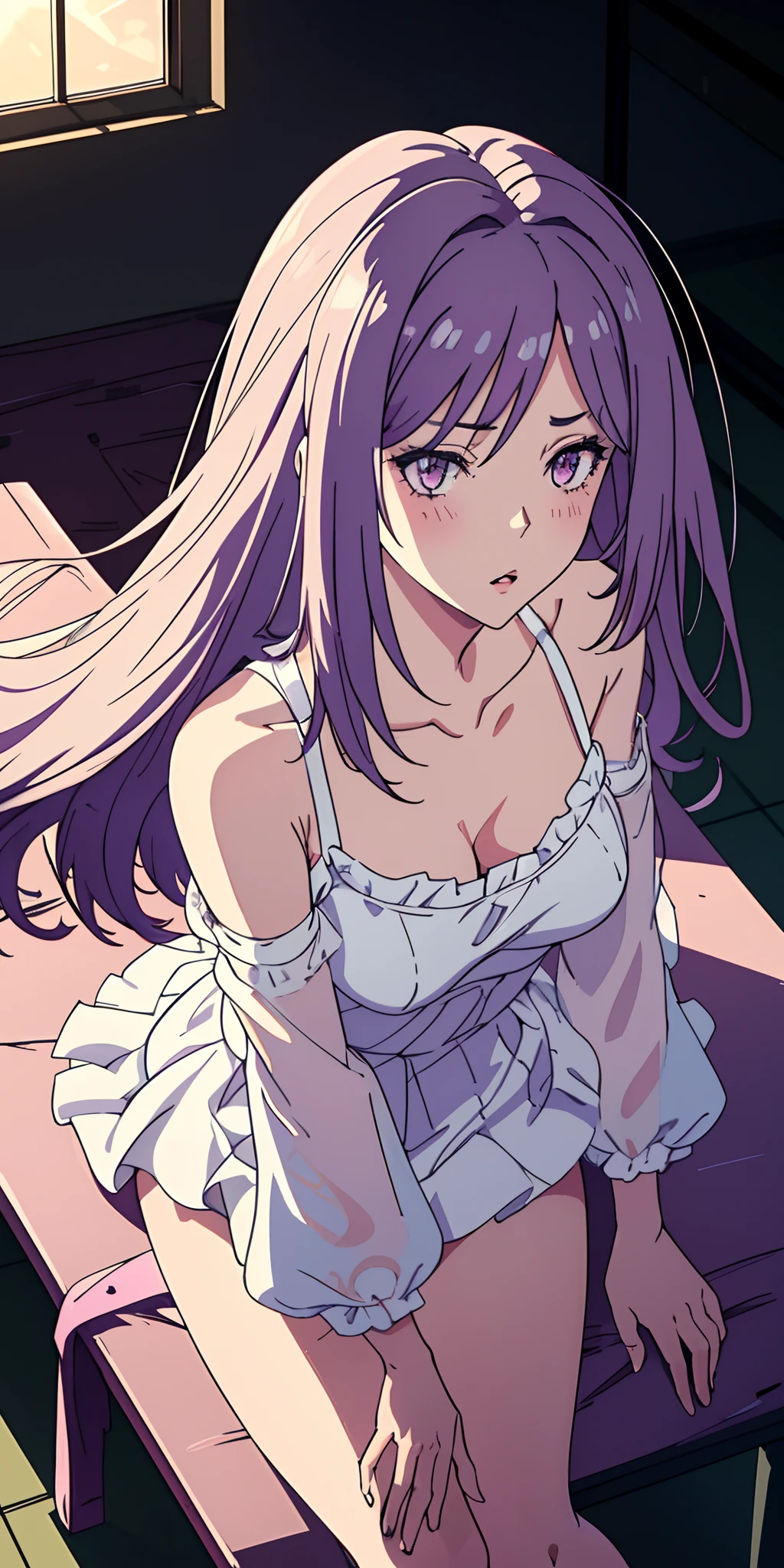 1girl, tokime, purple eyes, purple hair, parted lips, blush, makeup, provoking, sitting, white dress, bare shoulders, classroom, light rays, glow, thighs, collarbone, narrow waist, (masterpiece), wallpaper, wide angle, from above