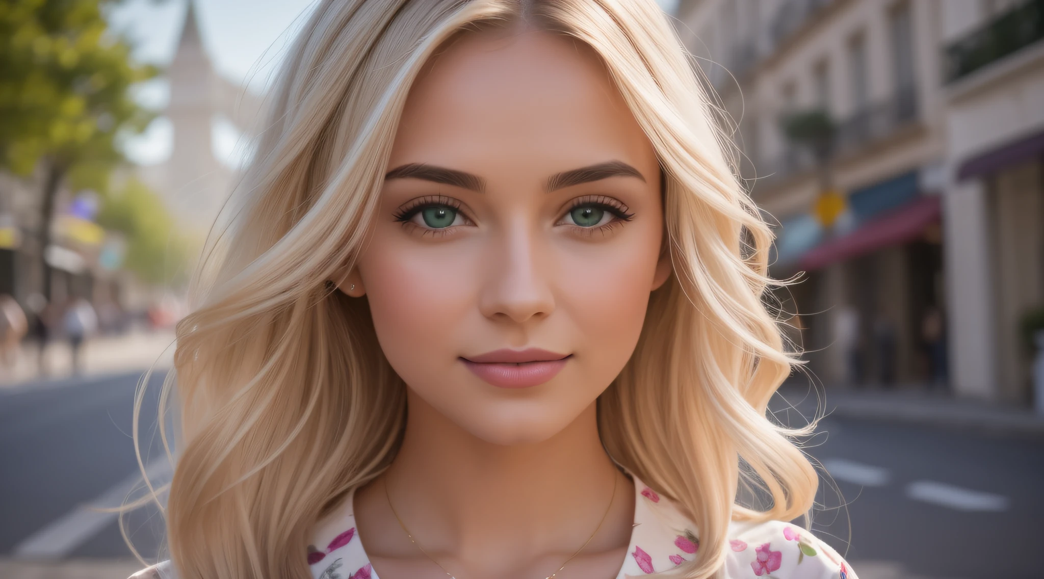 Young and beautiful woman, hair light, that falls gently in waves up to the shoulders, Average height, Size, Green eyes, light skin, She wears a blouse with a neckline, On a busy road, She smiles., People can be seen in the background of the painting, The street is full of flowers, lots of flowers,, The sun shines on your back and makes your hair shine, His face is serene in nature, Lips with light pink lipstick, Текстура 8K, very detail, Realist, soft cinematic light, HDR, sharp focus, tmasterpiece, fotorealistisch, Award-winning photography, Canon EOS R5, 35 mm.