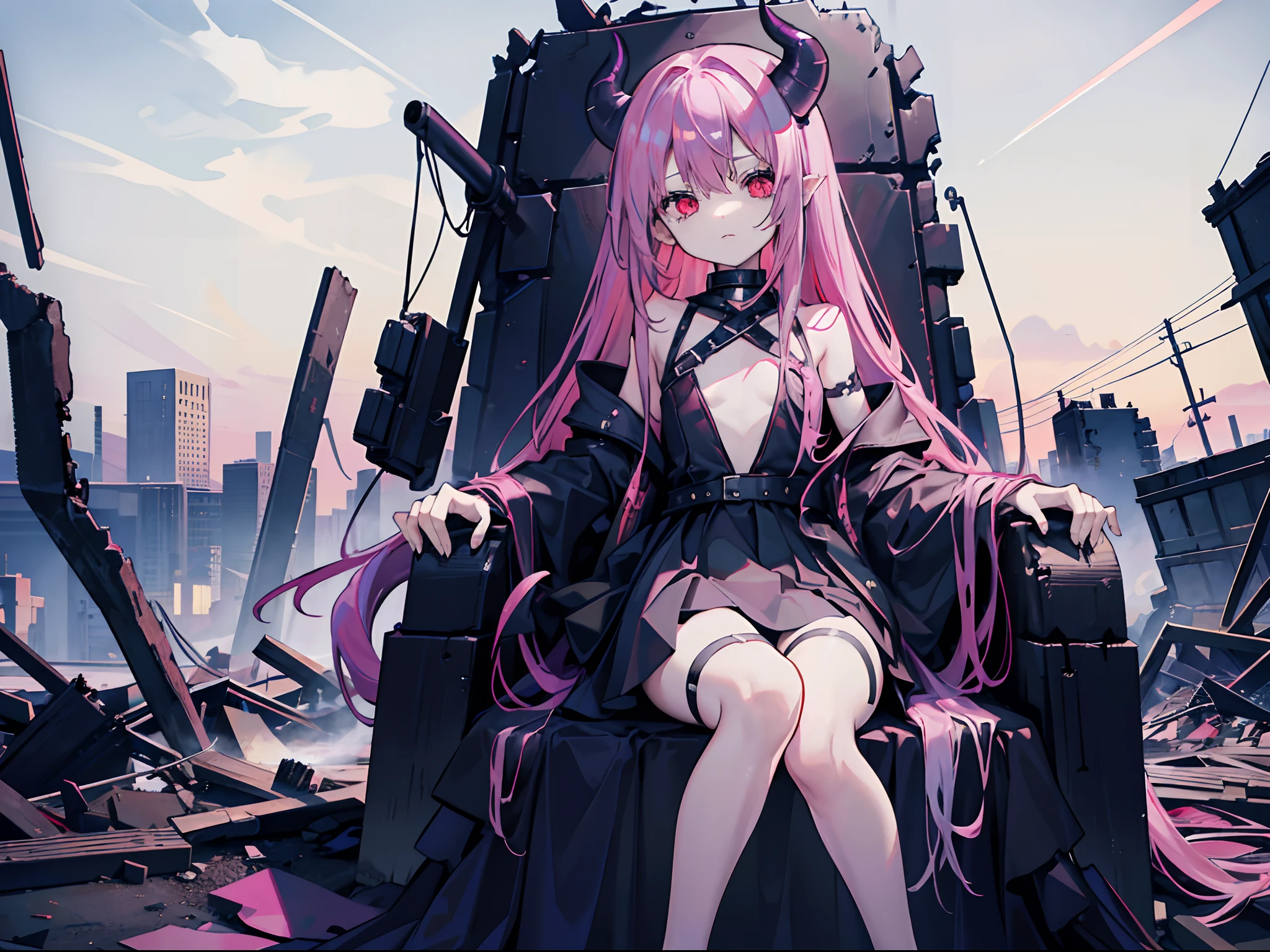 1girl, reincarnated demon lord, long purplish pink hair, red eyes, slim body, short height, small chest size, wearing black dress, sitting on throne on top of wreckage, outside post apocalyptic dark era, absurdres, high res, ultrasharp, 8K, masterpiece, looking at viewer
