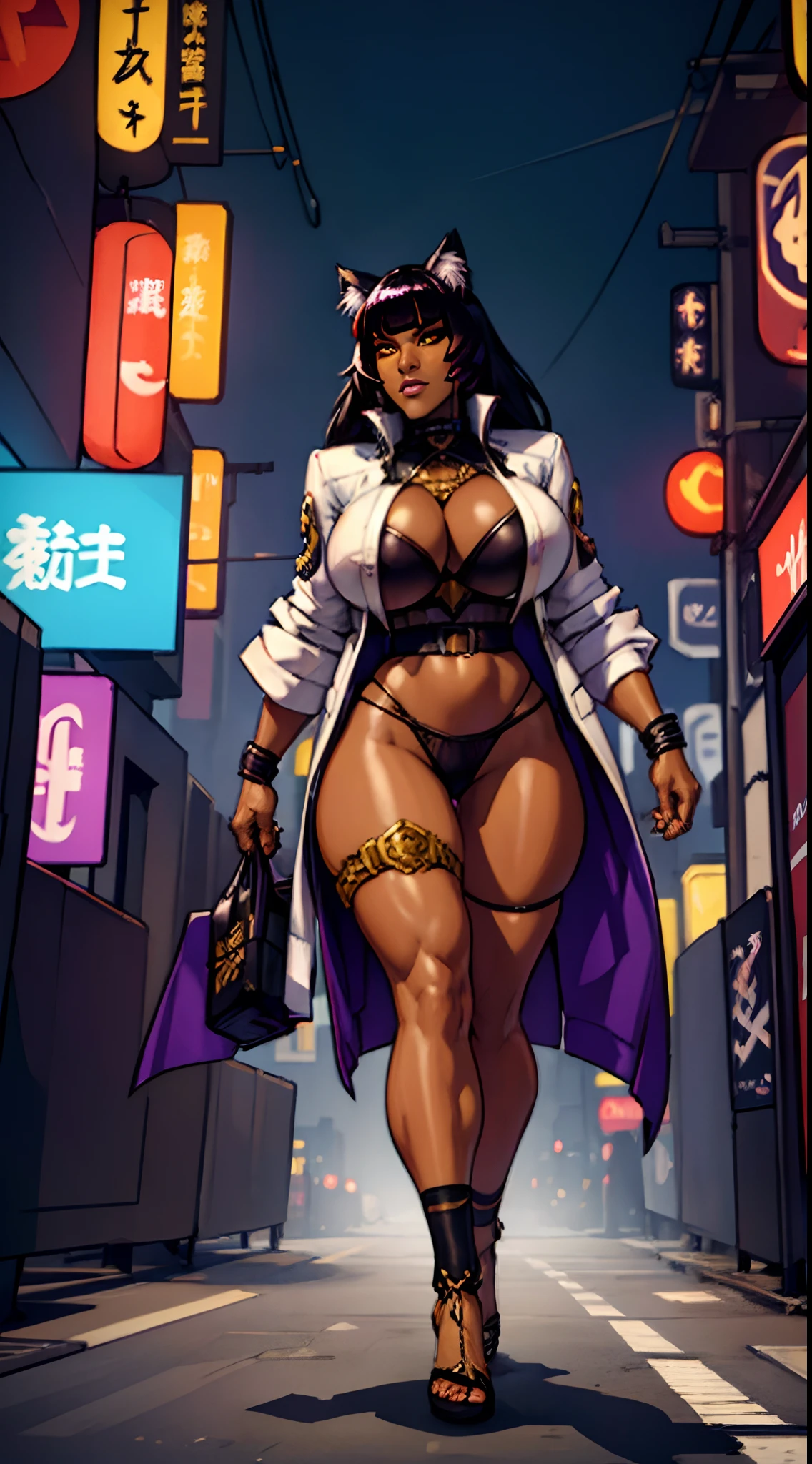 (masterpiece, best quality, cinematic), Hyper realistic super detailed sexy Blake, highly detailed, intricate, professional art, digital art, 8K, portrait, blake belladonna, (african woman: 2.3), (dark skin: 2.8), front view, sexy woman, huge breasts, (japanese cyberpunk complex background, city:1.35), alley, animal eyes, cat ears, big ass, black hair, long hair, blunt bangs, lipstick, (purple makeup:1.1), outdoors, full body shot, black eyeshadow, detailed hair, ultra detailed face, yellow eyes, perfect eyes, cat eyes, beautiful eyes, amber eyes, detailed eyes, perfect face, (very dark skin: 1.8), african woman, (african woman: 2.1), very dark skin character, (very dark skin: 3.2), (tail:0), (japanese clothes:0.6), night-gown, thin-clothes, (see-through clothes: 1.6) (hip vent:0.9), (bridal gauntlets:1.1), shrug (clothing), (young female, :1.1, black woman: 2.4), Large Breasts, cleavage, (fit body: 1.1) Black and white outfit. White jacket fused into clothing.