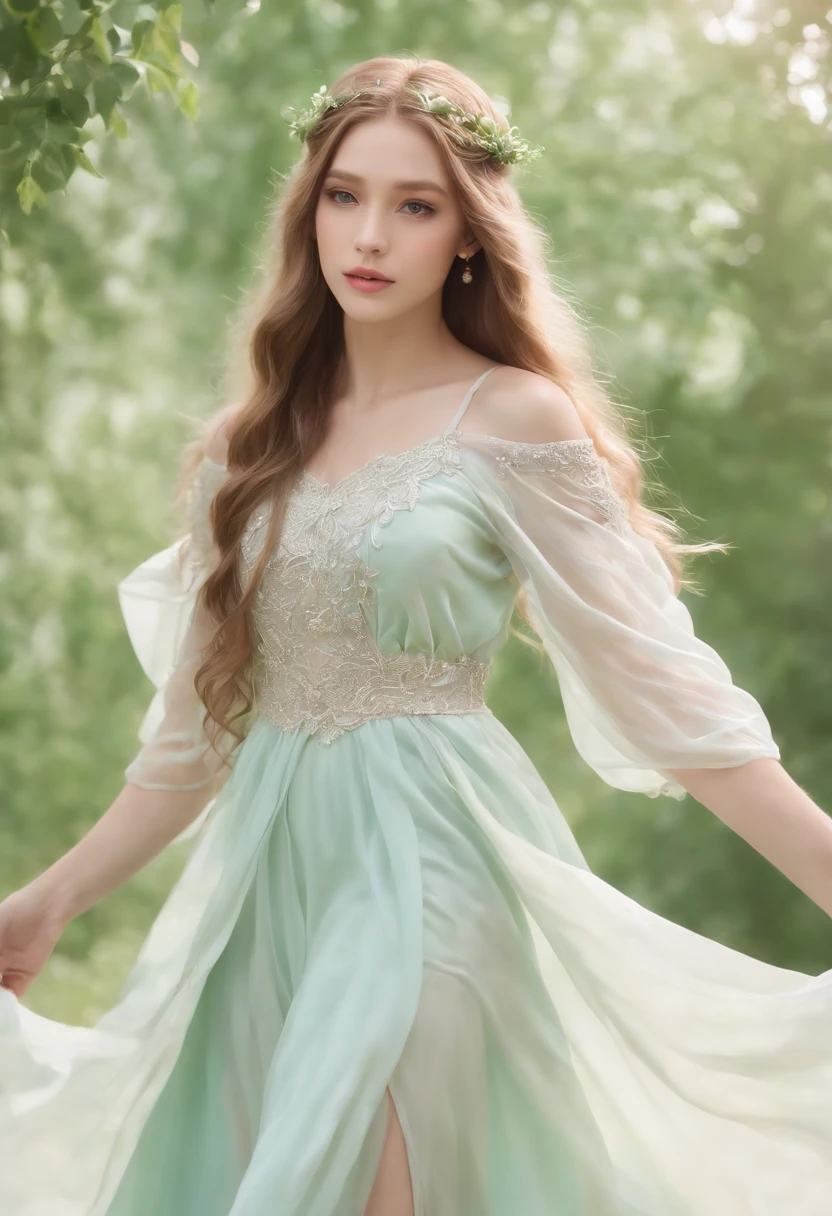 "Elf Princess，Gentle and delicate，Wearing a long dress in bright colors，Shimmering with dazzling light。Long silky blonde hair covered her shoulders，It's like a golden waterfall fluttering in the breeze。She has bright and welcoming eyes，Exudes a mesmerizing glow。Surrounded by pink petals，A gentle breeze ruffles long hair and skirts，An intoxicating picture is formed。Blue sky, white clouds and emerald green woods as background，Adds to her elven temperament。"
