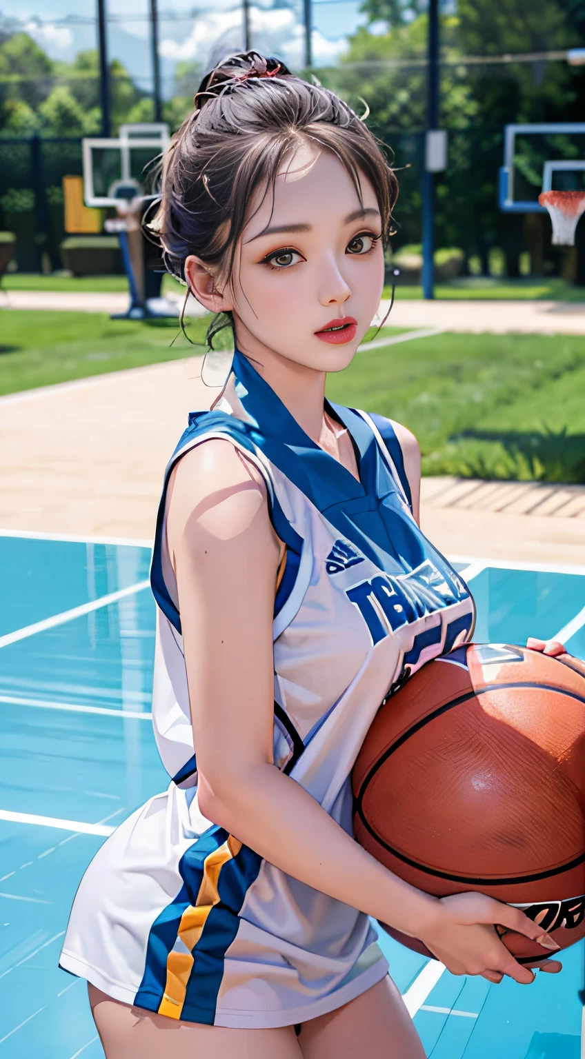 （8K， ， best qualtiy， tmasterpiece：1.2）， （realisticlying， photograph realistic：1.4），  A high resolution，（1girll）， opulent，  （Oval shaped face：1.1），  adolable，，Bigchest，playing basketball in basketball court，