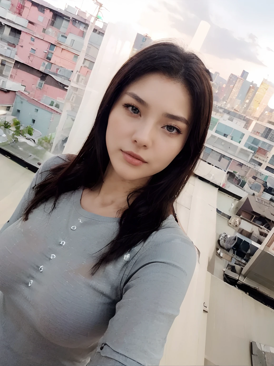 ((mid night、top-quality、8k、​masterpiece:1.3)), full bodyesbian, long legged, foco nítido:1.2, Beautiful woman with perfect body shape:1.4, Slender Abs:1.1, ((dark brown hair、huge tit:1.2)), (White tight t-shirt、Tight skinny jeans 、is standing:1.2), ((Night City View、On the rooftop:1.3)), Highly detailed facial and skin texture, A detailed eye, 二重まぶた, bra grey, shirt grey
