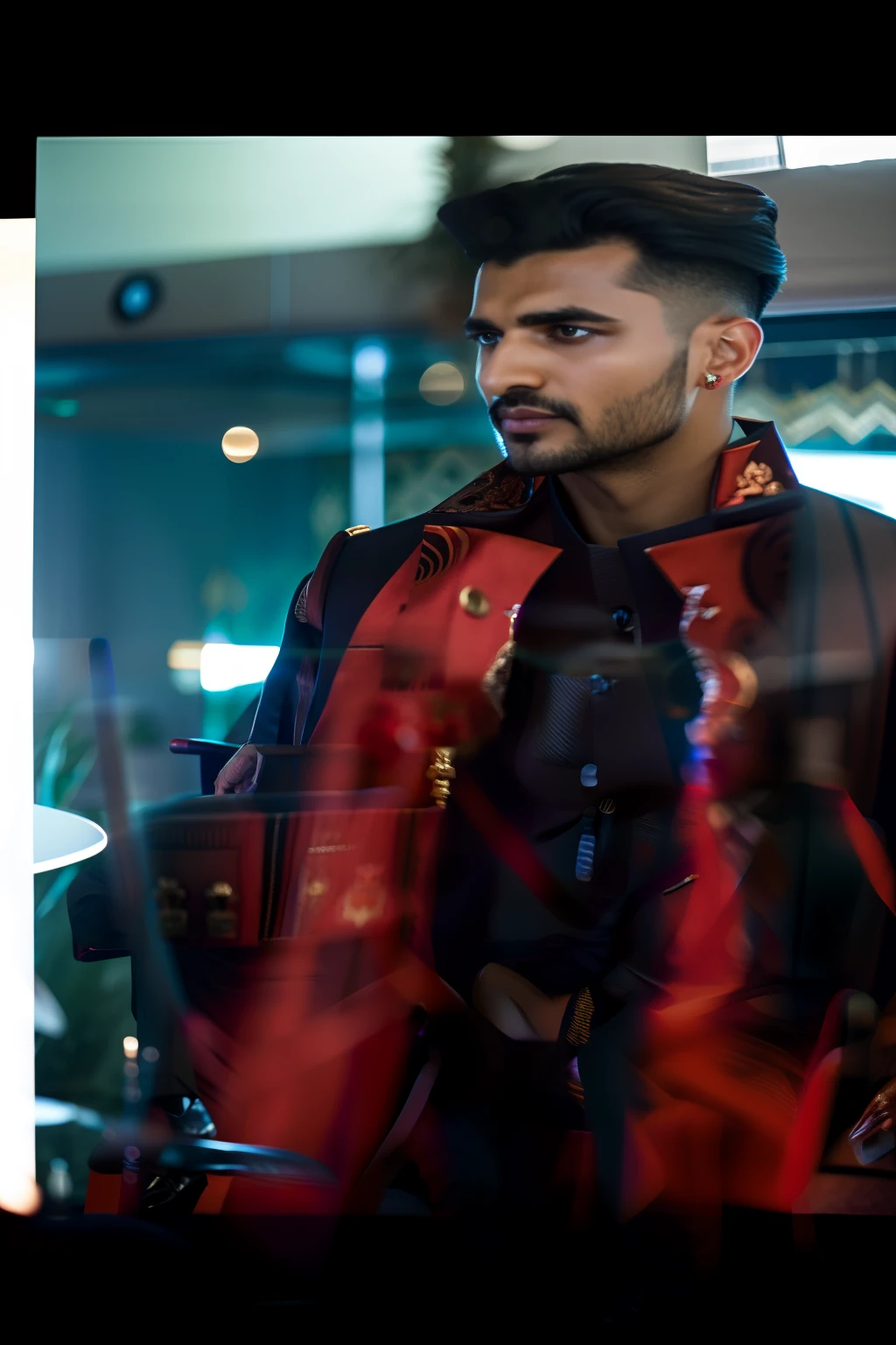 there is a man sitting on a chair in a room, dressed in a jodhpuri suit, doing an elegant pose, wearing an ornate suit, shot on sony a 7 iii, seated in royal ease, captured on canon eos r 6, candid picture, royal elegant pose, candid photography, shot on canon eos r 5, shot on canon eos r5