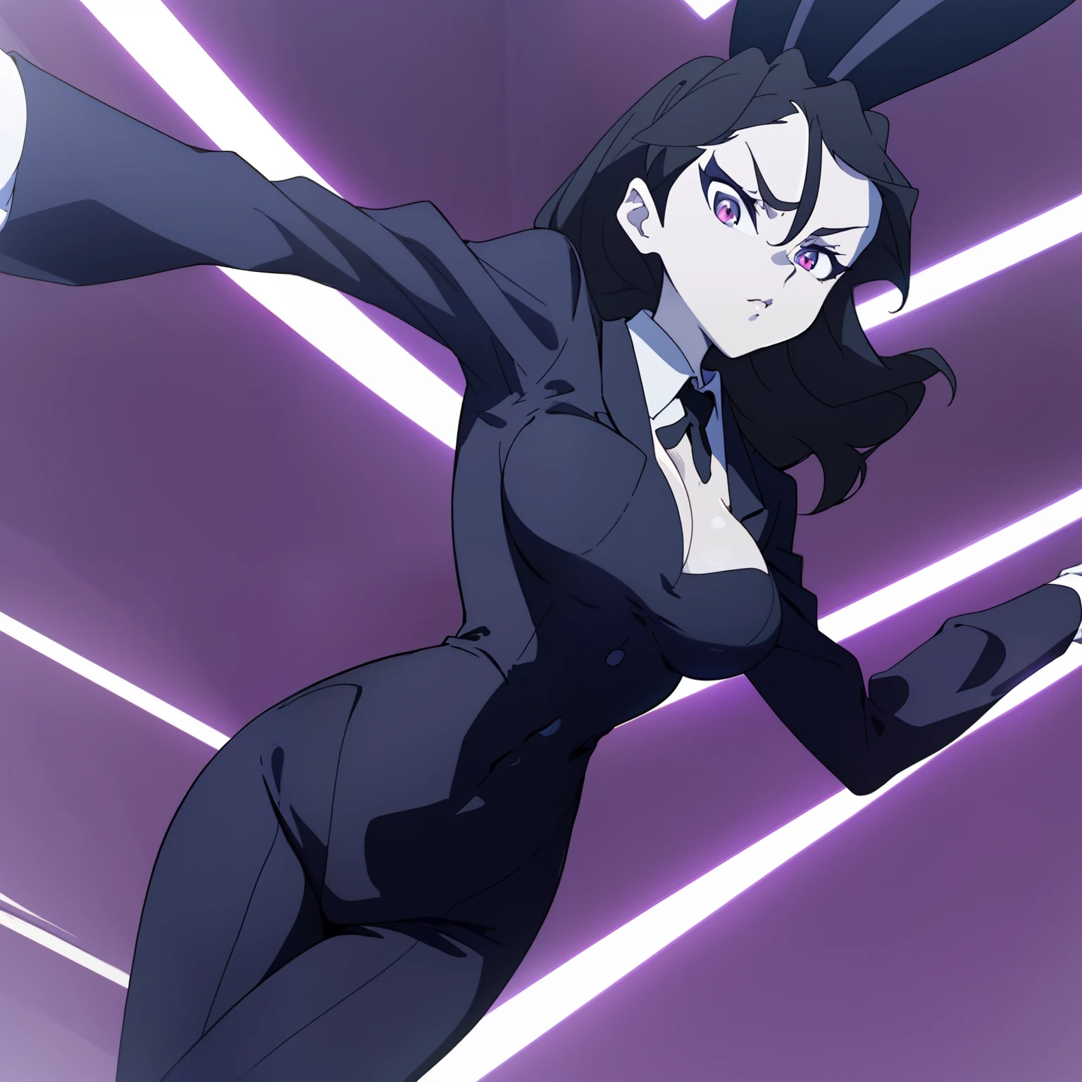 dutch angle, torso shot, cowboy shot, (view from the front), LWA 1girl solo seductive black haired woman in a maid suit posing as playboy bunnyl, sfw perfect body, pale skin, large breasts, toned, gorgeous, playboy centerfold, in LWA anime tyle