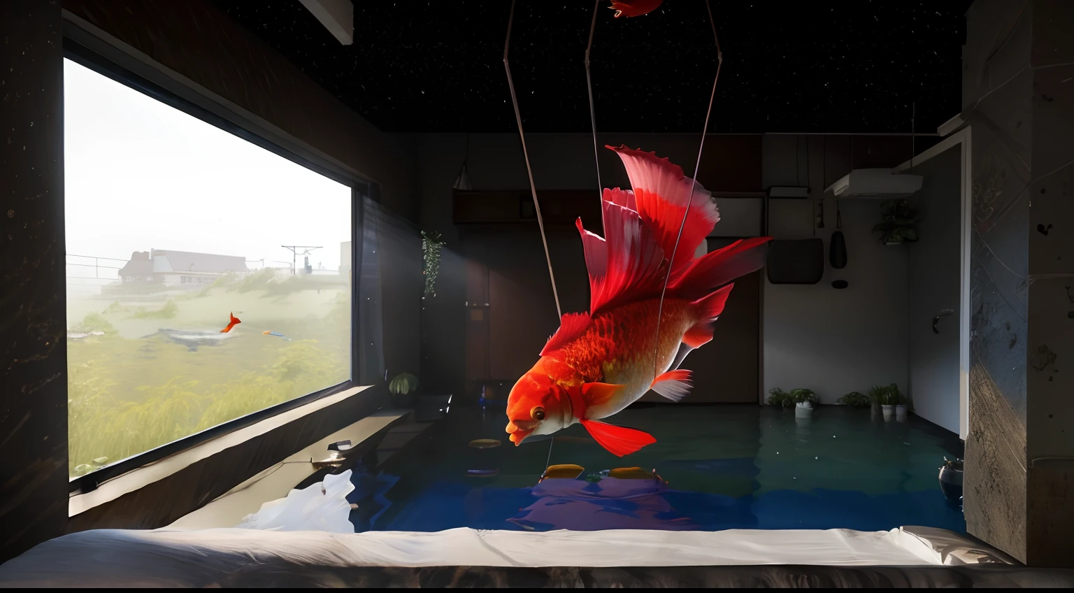 There is a red bird hanging from a rope in the room, fishes floating in bedroom, suspended underwater, realistic scene, floating goldfish, created in octane render, physicality-based render, rendered in octane render, realistic raytracing, rendered in unrealengine, physically-based renderingt, rednered with raytracing, physically-based renderingt, redshift houdini