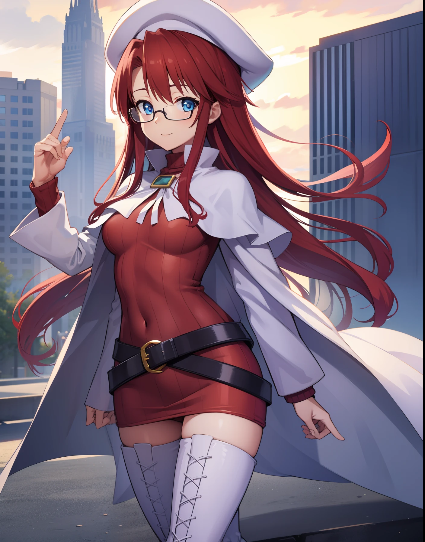 summonnightaty, aty, long hair, blue eyes, red hair, beret, hat, glasses,
BREAK long hair, thighhighs, hat, dress, boots, glasses, belt, cape, sweater, zettai ryouiki, beret, thigh boots, white footwear, ribbed sweater, loose belt,,
BREAK looking at viewer,
BREAK outdoors, city,
BREAK (masterpiece:1.2), best quality, high resolution, unity 8k wallpaper, (illustration:0.8), (beautiful detailed eyes:1.6), extremely detailed face, perfect lighting, extremely detailed CG, (perfect hands, perfect anatomy),covered_nipples,covered_navel,light_smile,dynamic_posing,half_eyes,