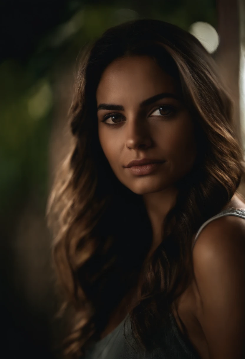 Portrait of a young woman about 25 years old, bella, de ojos verdosos, en un fondo oscuro, dark brown hair, con piel levemente bronceada, y razgos sutilmente latinos