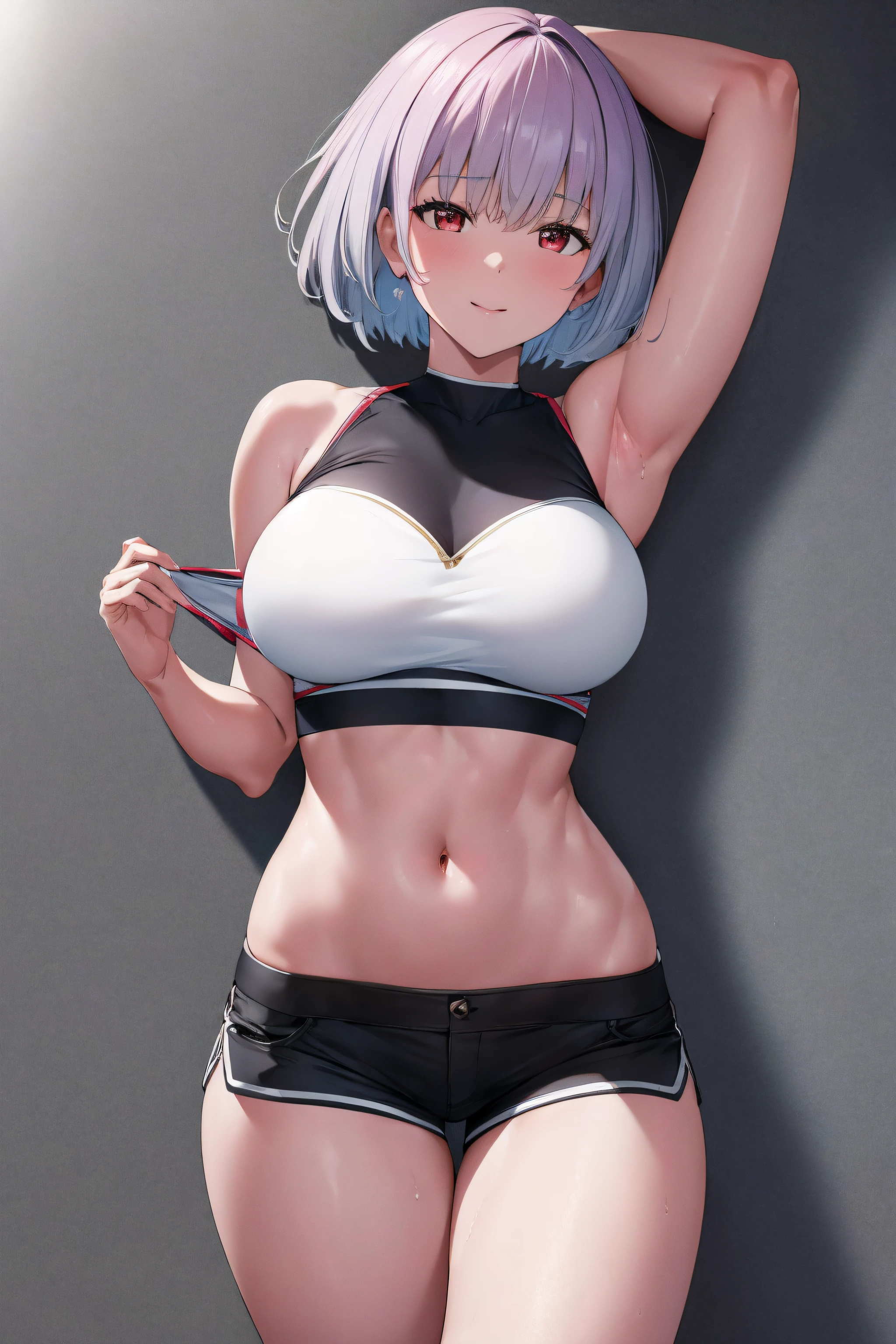 masterpiece, best quality, highres, aaakane, short hair, red eyes, large breasts, crop top, navel, black shorts,exercise, wet, water, lying, from above,NSFW,official art,extremely detailed CG unity 8k wallpaper, perfect lighting, (masterpiece:1.0),(best_quality:1.0), ultra high res,4K,ultra-detailed, photography, 8K, HDR, highres, absurdres:1.2, Kodak portra 400, film grain, blurry background, bokeh:1.2, lens flare, (vibrant_color:1.2),(beautiful_face:1.5),(narrow_waist),(perfect hands, perfect ???????),