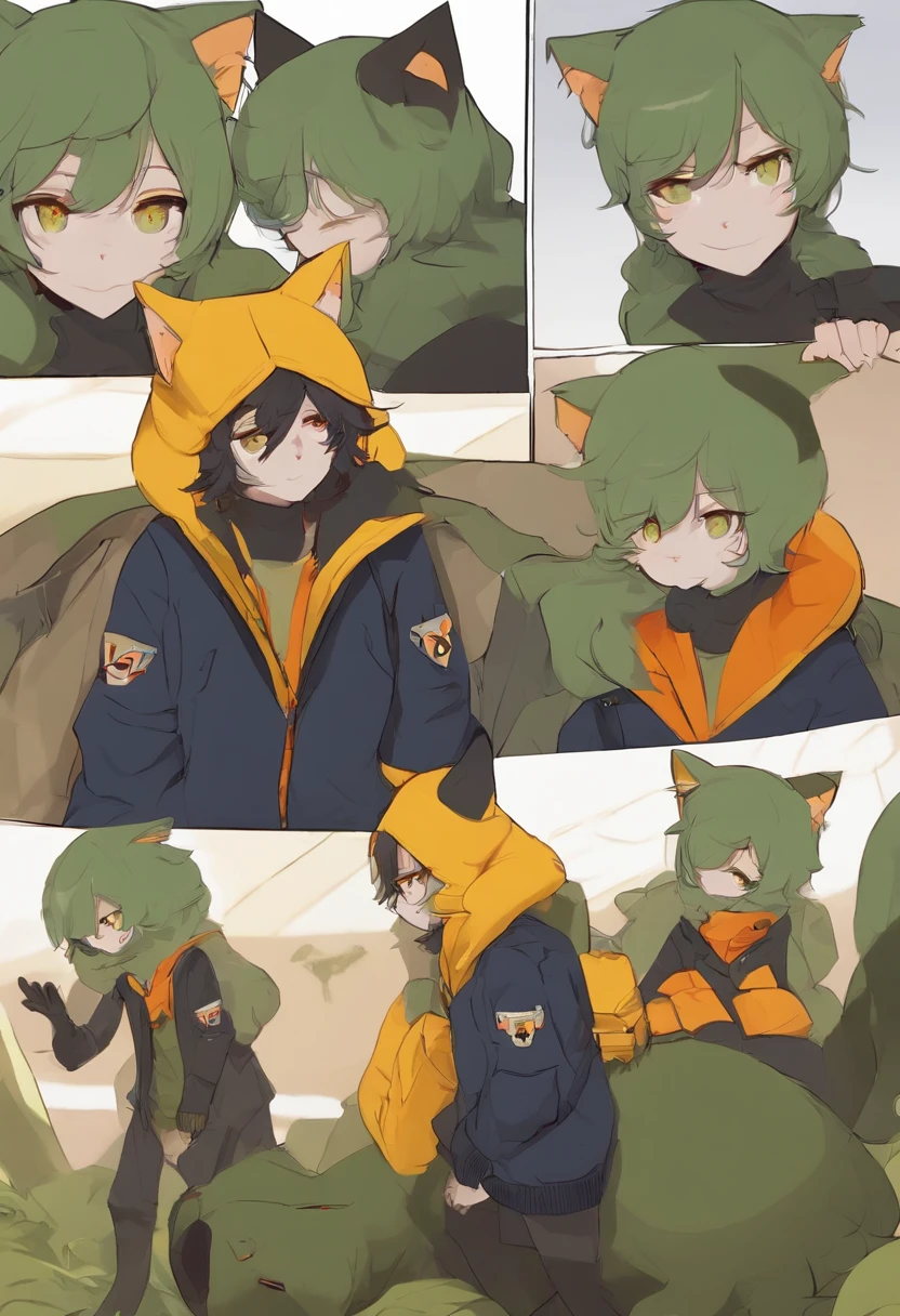 homestuck nepeta, olive green long jacket touching the floor, red orange yellow horns, blue flap hat with white cat face, black shirt with olive green leo sign, gray cargo pants, blue paw shows, gray fingerless gloves, yellow nails, cat shaped mouth with two fangs on side, short black fluffy hair, blue cat tail, fluffy eyelashes, gray skin, black eyes, yellow sclera