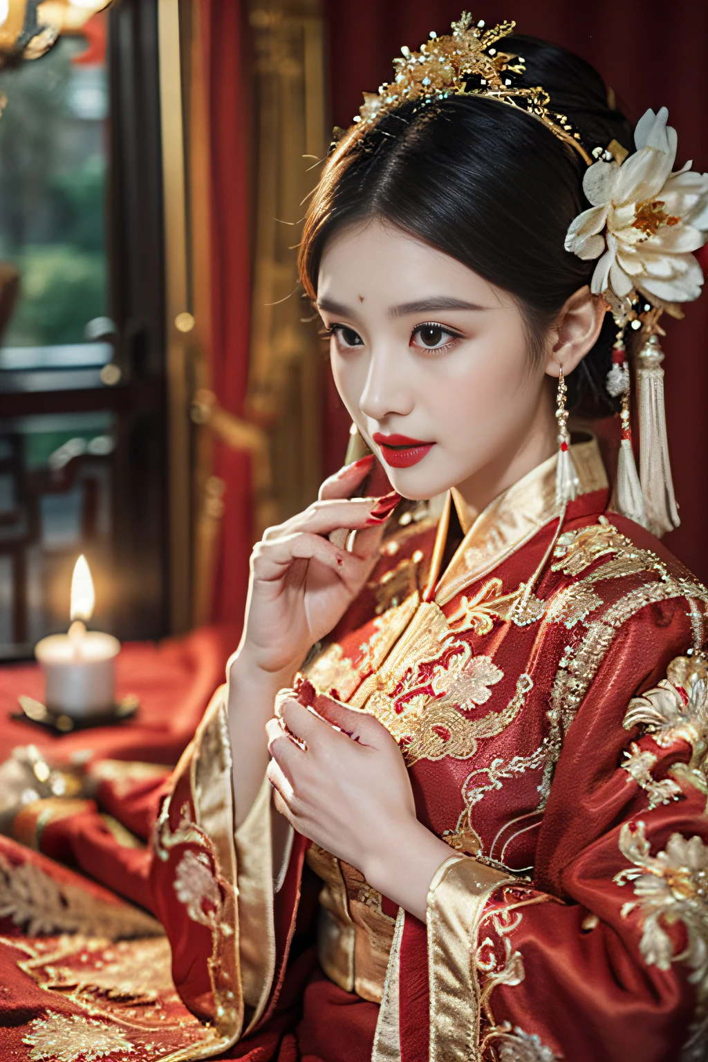 (ultra realistic 8k CG:1.2),perfect artwork,delicate pattern,intricate detail, (unparalleled masterpiece,best quality:1.2),(extremely intricate:1.2),a woman in a red and gold dress, Phoenix crown,hair stick,(sitting on red bed),Cosmetic,blush,shy,black_hair, looking down, Cosmetic,(forehead dot),(2 red candles), chinese_clothes, curtains, earrings, hair_ornament, hanfu, indoors, jewelry, red nails, long_sleeves, red dress, red lips, tassel, (Red quilt),(red palace:1.2),(ancient Chinese architecture),(red:1.8),night