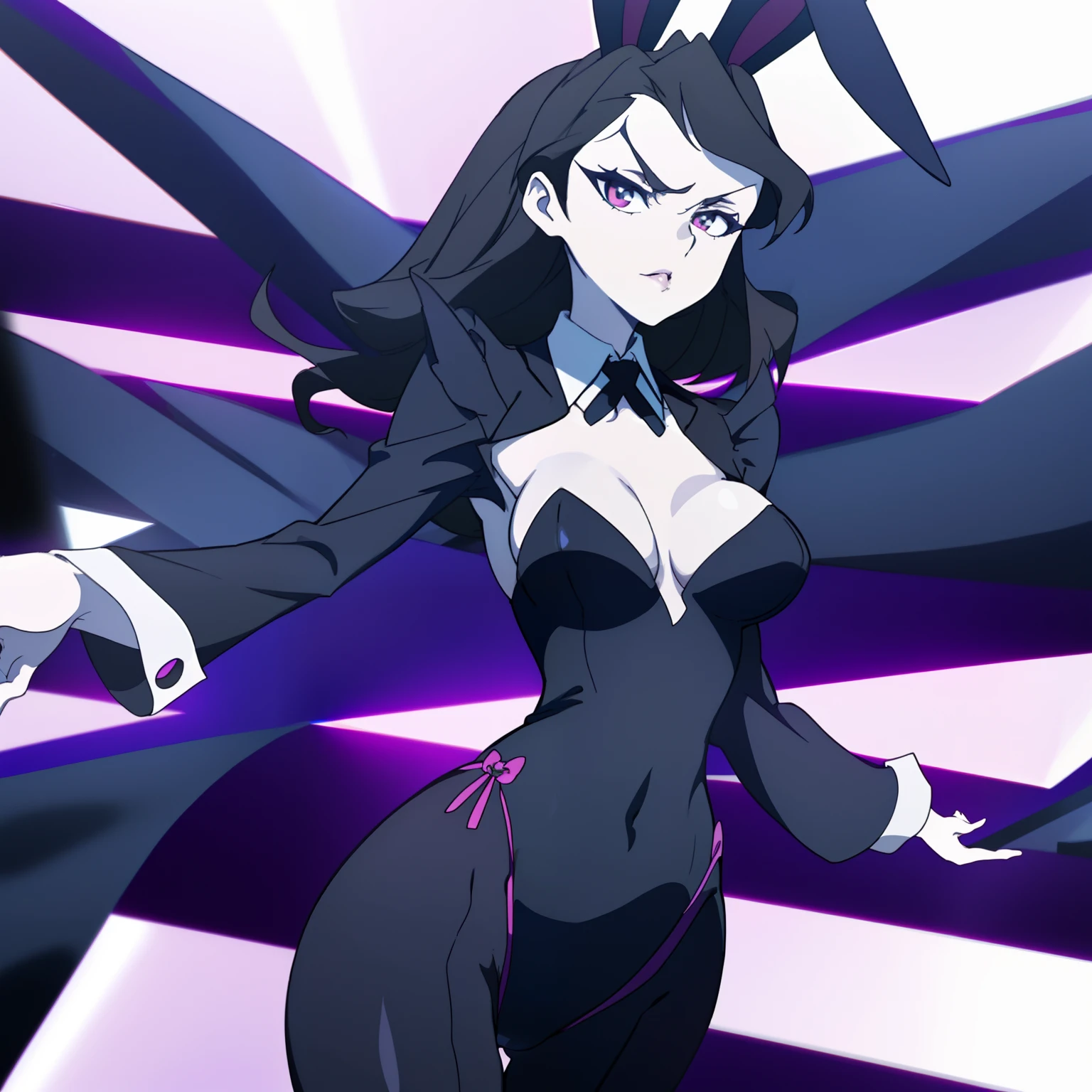 dutch angle, torso shot, cowboy shot, (view from the front), LWA 1girl solo seductive black haired woman in a maid suit posing as playboy bunnyl, sfw perfect body, pale skin, large breasts,  toned, gorgeous, playboy centerfold, in LWA  anime tyle