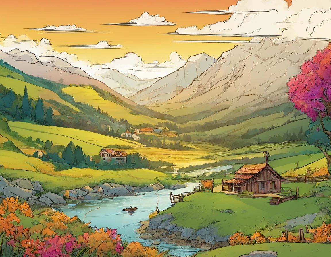 A beautiful piece of land，There are mountains，there are waters，There is a large pastoral area，There are also farmhouses