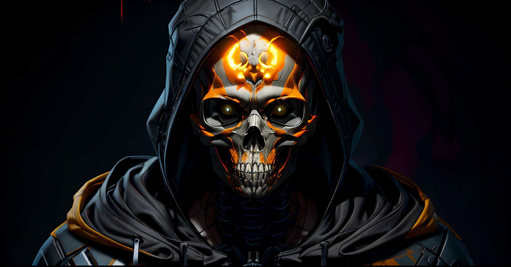 a close up of a person with a hood on and a skull on, hooded skull, wojtek fus, unreal 5. rpg portrait, cyberpunk skeleton, hastur the king in yellow, glowing yellow face, craig mullins dark key, corvo attano, craig mullins nekro, unreal engine 5 digital art, menacing. unreal 5, craig mullins style