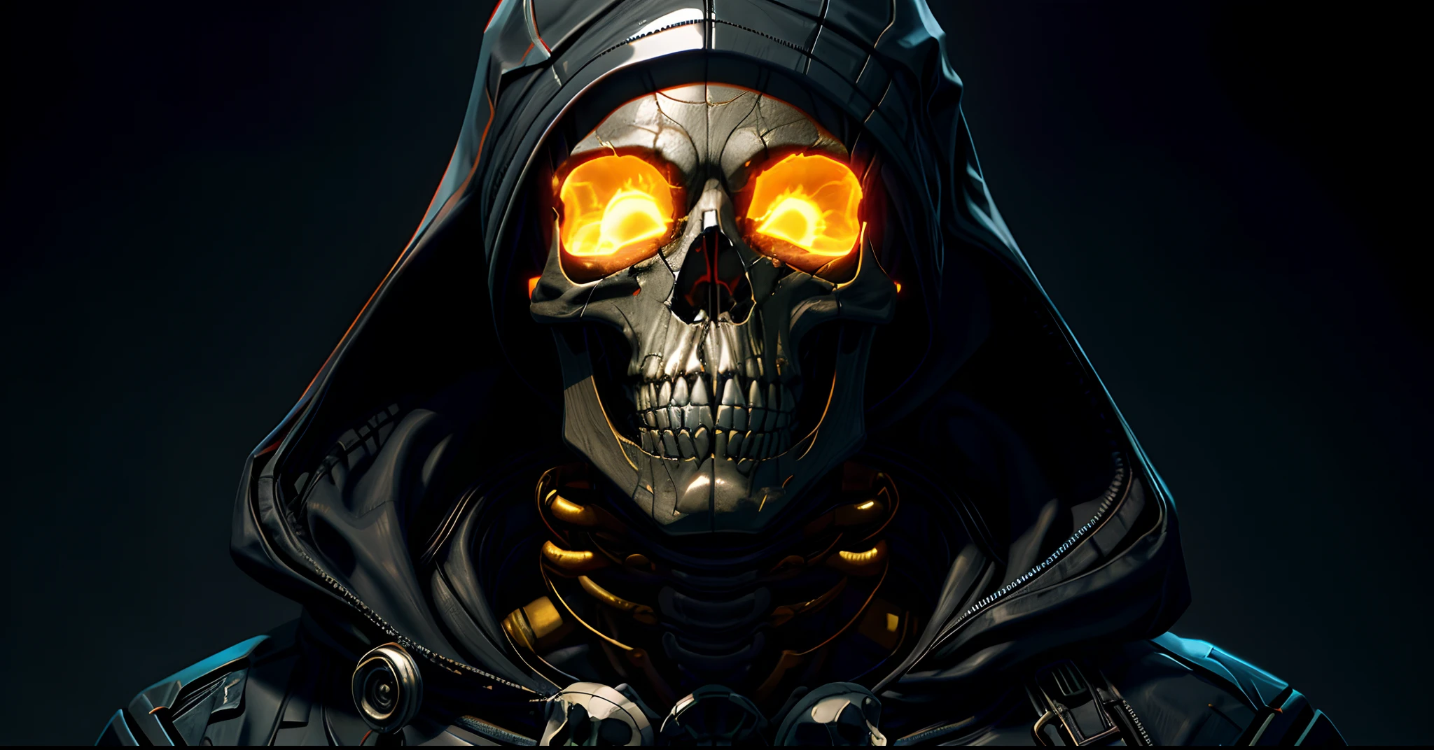 a close up of a person with a hood on and a skull on, hooded skull, wojtek fus, unreal 5. rpg portrait, cyberpunk skeleton, hastur the king in yellow, glowing yellow face, craig mullins dark key, corvo attano, craig mullins nekro, unreal engine 5 digital art, menacing. unreal 5, craig mullins style