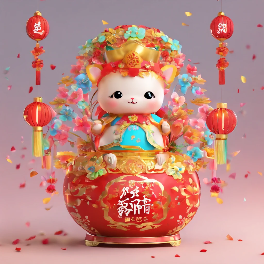 Q version of the super cute Spring Festival Fuwa,pop bazaar, Smart eyes,Carry Chinese blessing calligraphy and paintings with you, Fireworks bloom in the sky, Glossy and delicate,Clean background, 3D rendering of,adolable