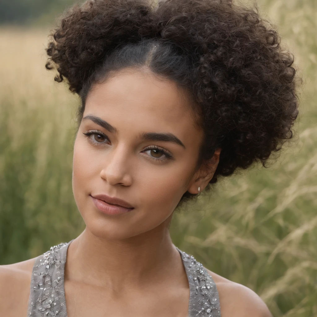 1 mulher negra, foto realista, Rosto detalhado, local de trablho, Very high detail, curly hair, profundidade de campo, cabelos pretos, sem roupa