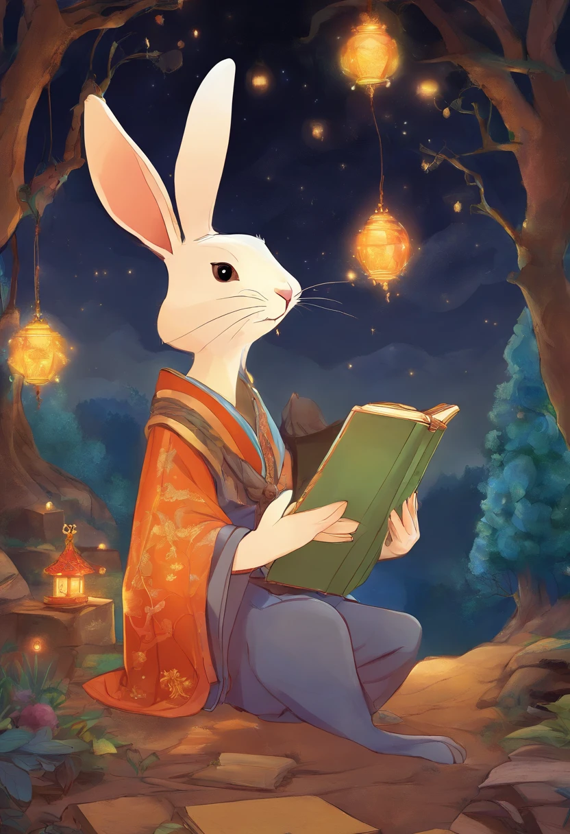 (Photograph of an expedition rabbit wearing reading glasses,There are a lot of old books on my back,Stand on a dark forest trail), (Rabbit with reading glasses:1.37) ,Wearing Tang dynasty costumes, sandals, reading glasses, Ancient lanterns,
Background: Enchanted forest under the stars,concept art of character,close up photograph,Game scene graph,A beautiful painting by Yayoi Kusama,Joel Meyerrowitz,Pixar style,Cartoon style,Furuhiko artwork,Caricature,Masterpiece,illustration,Ancient Roman painting,dreamlike realism,classical realism,Imaginative,sober, Antique,historic,anime big breast,Cartoon,Manga,kawaii,Image from the work of Darren Aronofsky,author:Chris Burcard,Enigmatic Atmosphere,Enigmatic Atmosphere,mystical ambiance,Telephoto lens,Long shot,Ambient light