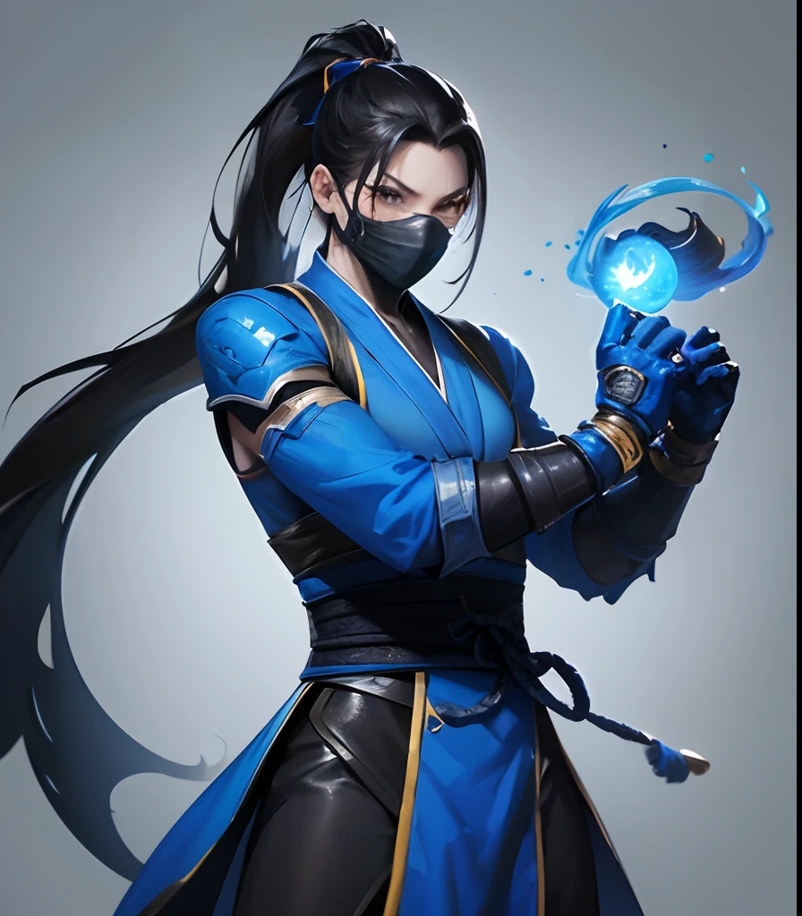 Outfit standing of a person wearing a blue outfit and a mask, character from mortal kombat, mortal kombat 11, mk ninja, in mortal kombat, fighting game character, as a character in tekken, style of mortal kombat, mortal kombat, scorpion from mortal kombat, video game character, dead or alive 6, costume with blue accents, hanzo from overwatch,chinese