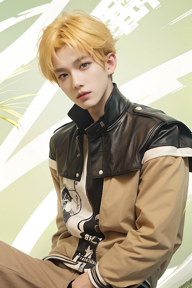 A boy with realistic yellow hair, realistic bright blue eyes, realistic Korean handsome face, realistic cool expression, adapts his clothes to be exactly the same as realistic orange and black,Realistic light, realistic background, realistic shadows