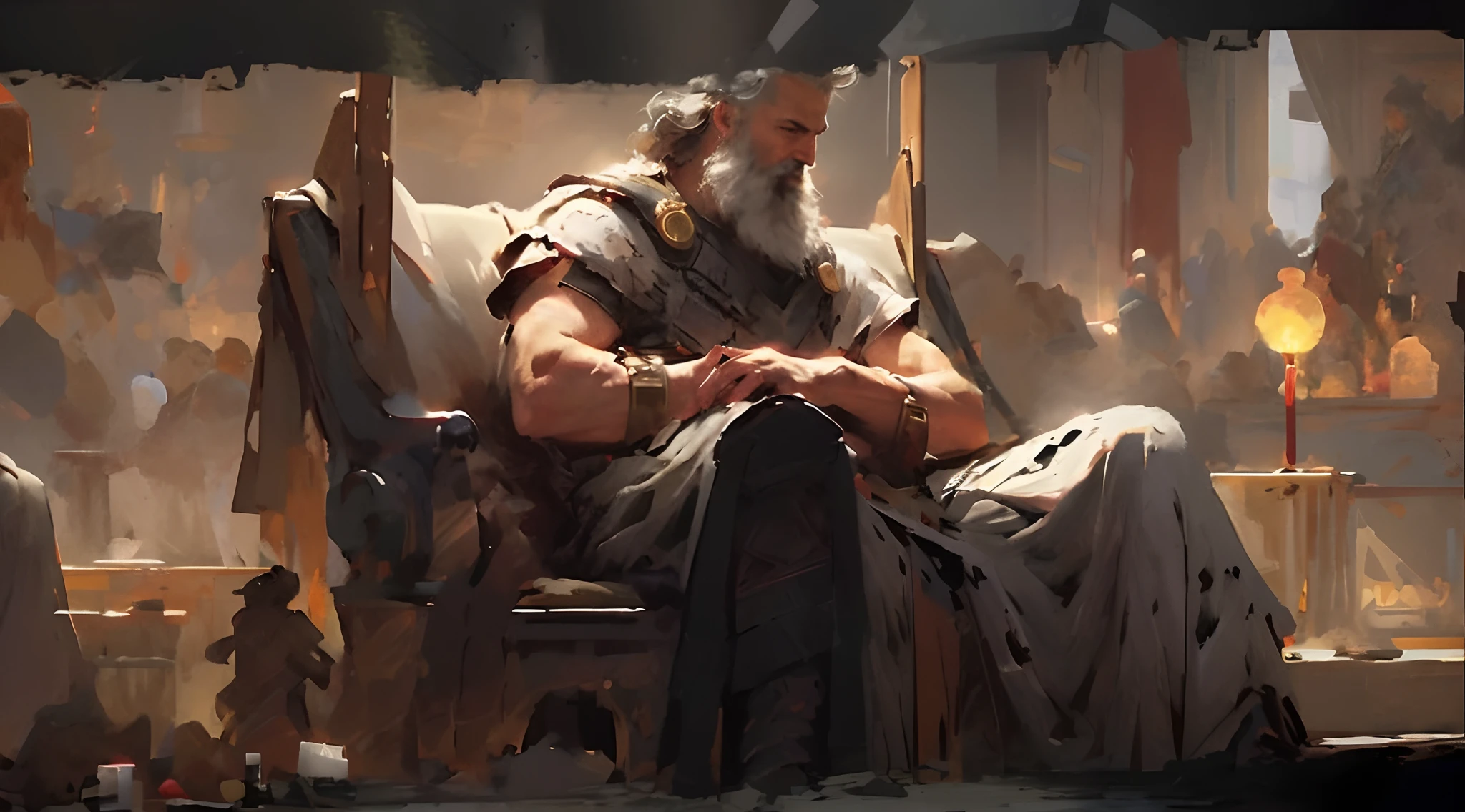 arafed image of a man sitting on a chair in a room, by Aleksander Gine, wojtek fus, art of wlop and greg rutkowski, by Raymond Han, by Adrian Zingg, painted portrait of rugged zeus, concept art of god, by Roman Bezpalkiv, painted portrait of rugged odin, best of artstation