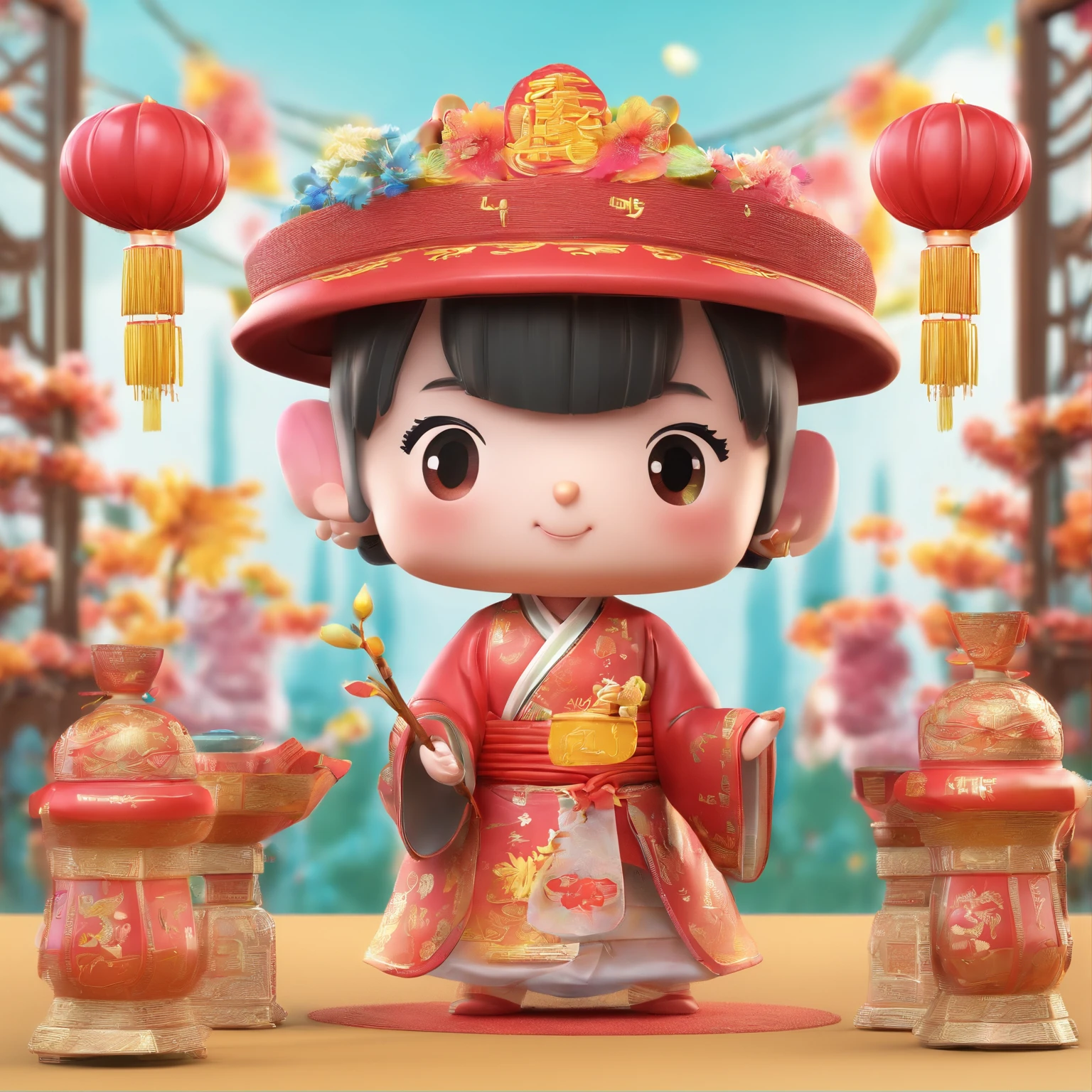 Q version of the super cute Spring Festival Fuwa,pop bazaar, Smart eyes,Carry Chinese blessing calligraphy and paintings with you, Fireworks bloom in the sky, Glossy and delicate,Clean background, 3D rendering of,adolable