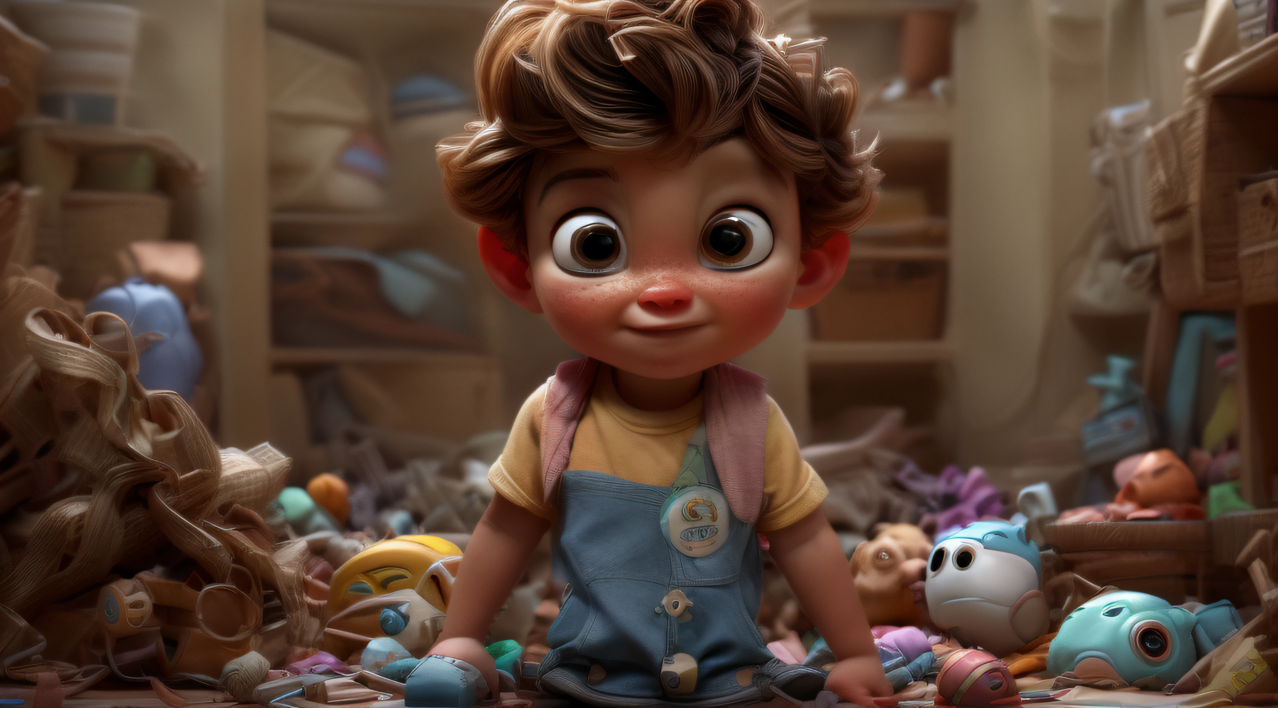 There's a boy standing in a room full of toys, pixar renderman render, pixar retrato 8 k foto, Personagem pequeno. Motor Unreal 5, bonito 3 d render, Pixar. octan render, pixar octane render, Arnold Maya render, Pixar 3D rendering, renderizado em renderman, cinema 4d cinematic render, super detailed rendering, painting digital adorable