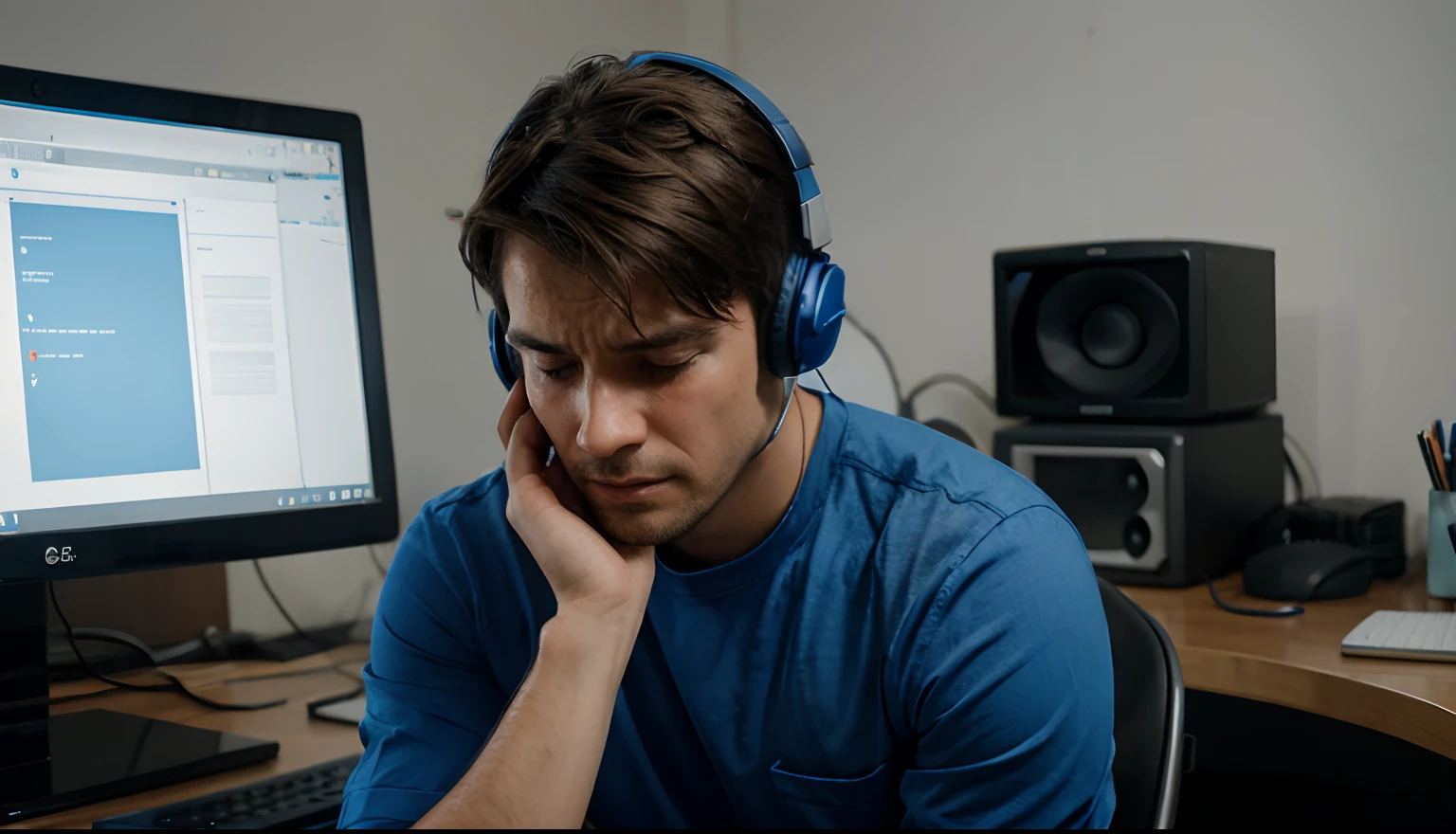 A man, blue shirt, sitting in front of a computer, with a headset, crying.