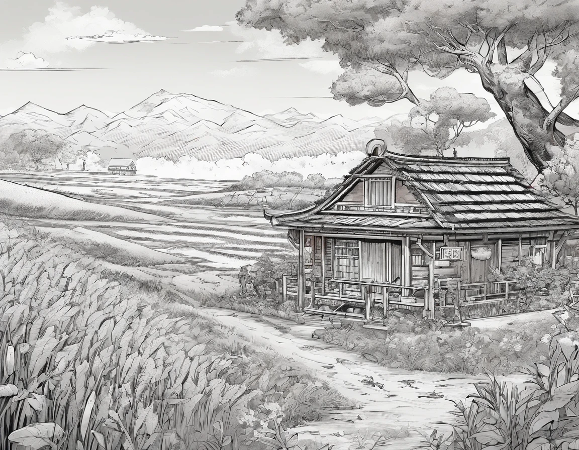 Scene in a field farmhouse,Something called a pest has suddenly appeared on the land。They eat food、Eat grass and trees,Destroying crops,It has made the life of the Zhuang people very difficult。