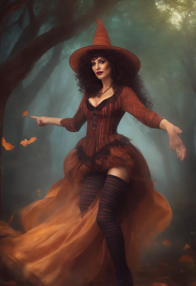 51 yo witch in a fantasy world, striped thigh-high socks, posing for viewer, messy curly hair, asymmetrically placed hair, tall woman, flowing garb, stunningly beautiful woman, arms outstretched in casting motion, arm sleeves, devious eyes, seductress