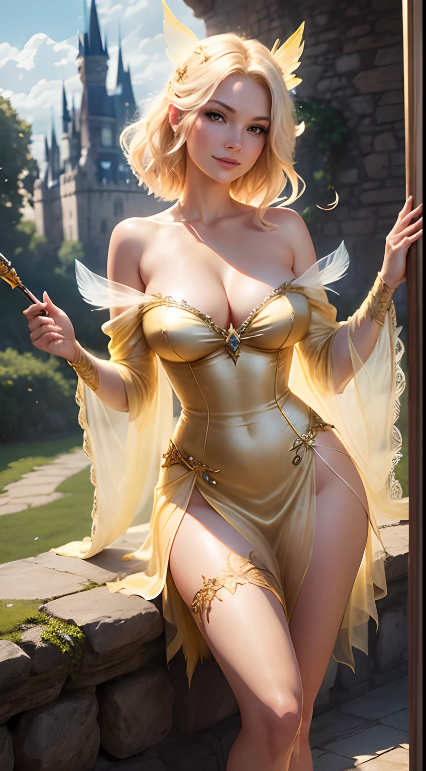Fantasy image of Elisha Cuthbert as a fairy, beautiful, transparent feathers on back, yellow fairy dress, deep cleavage, wand in hand, smiling, enchanted castle in background, photorealistic image