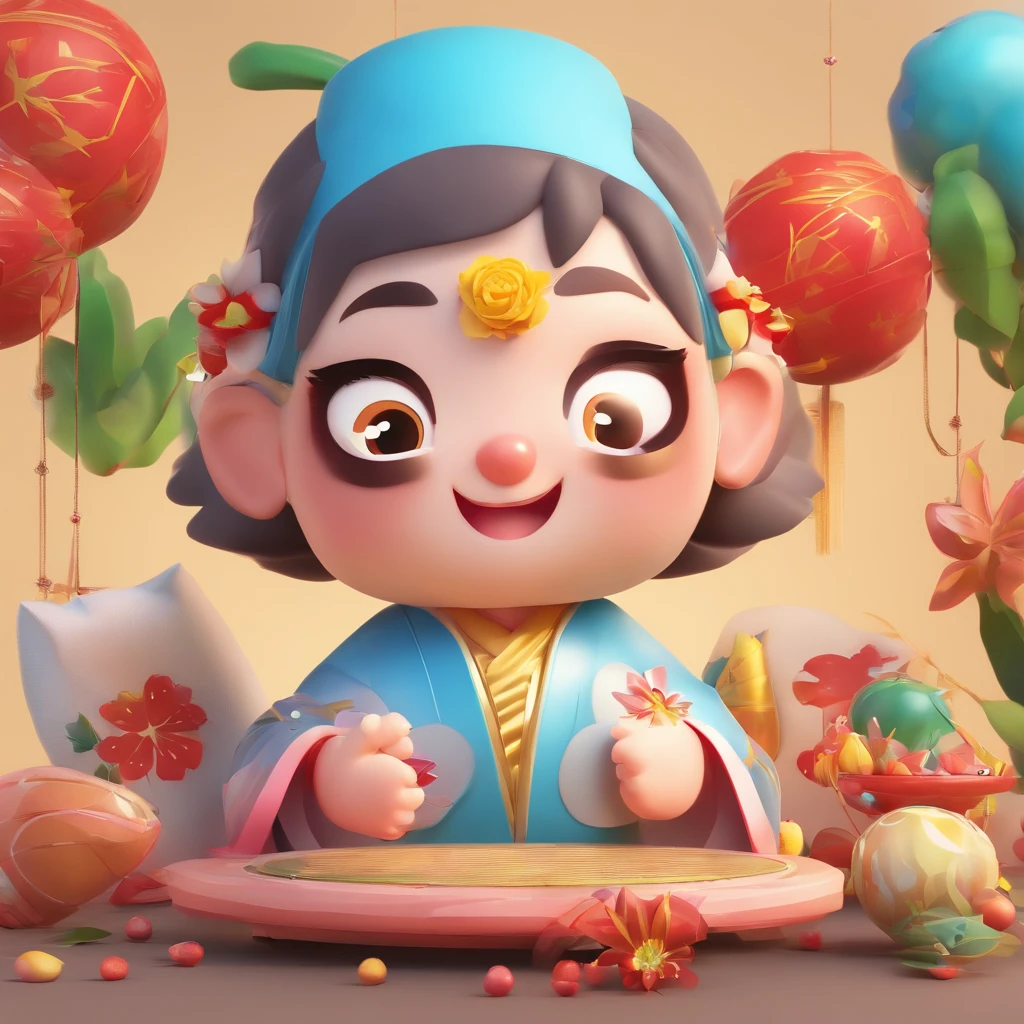 Q version of super cute Fuwa，Lively bazaar, Smart eyes,Carry Chinese blessing calligraphy and painting with you， Fireworks bloom in the sky， Glossy and delicate,Clean background, 3D rendering of,adolable