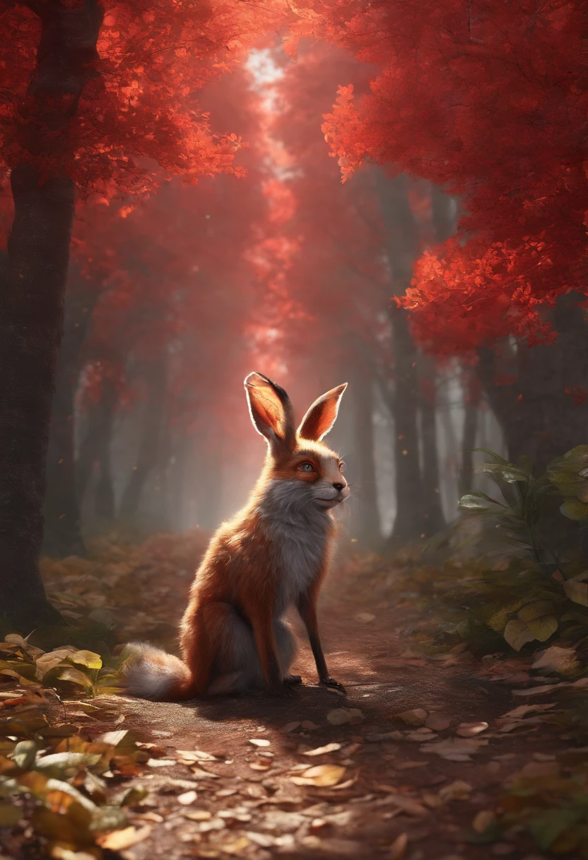 (Photo of an adventurous rabbit wearing reading glasses），I have a lot of old books on my back，Stand on a dark forest trail， (Rabbit with reading glasses:1.37) ，Wearing Tang Dynasty costumes, sandals, reading glasses, Ancient lanterns,
(Curious expressions of exploration: 1.37), (Exaggerated expression), Cartoon characters, 4D, Fox, Centered, Three-point system, Add a little background: Autumn Leaf Forest Trail Red Forest, autumn forest, Red light fog, In a red dream, really beautiful forest, Beautiful forest, Beautiful hazy wood, Red shade spray, Breathable and beautiful trees, breath-taking beautiful trees, red fog, beautiful forests and trees, Bright but dark red, red trees, 3D rendering of {{Masterpiece}}, {{Best quality}}, {super detailing}, {{illustration}}}, concept art of character, Game scene graphics, Clear facial features, Close-up photos, Photography, postapocalyptic, Masterpieces, archviz/influencer, Background, corona rendered, Octane rendering, V-rays, High detail texture, Ultra high quality, Super high resolution, popular on artstation, surrealism, surrealism, k hd, 8K axis shift, Long projection, Split Lighting