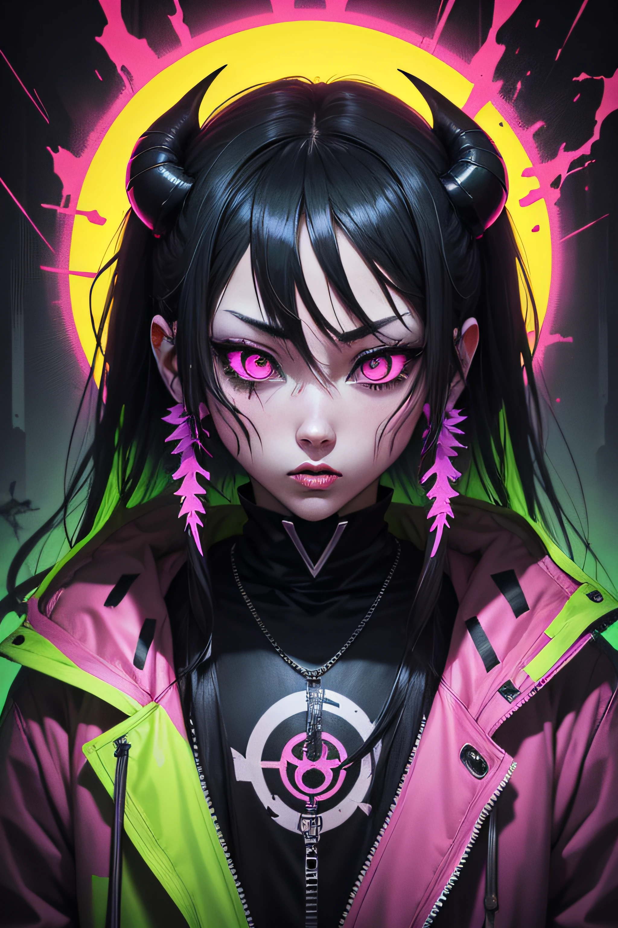 anime phonk horror album cover and one eye is neon green like a devil with neon green colors