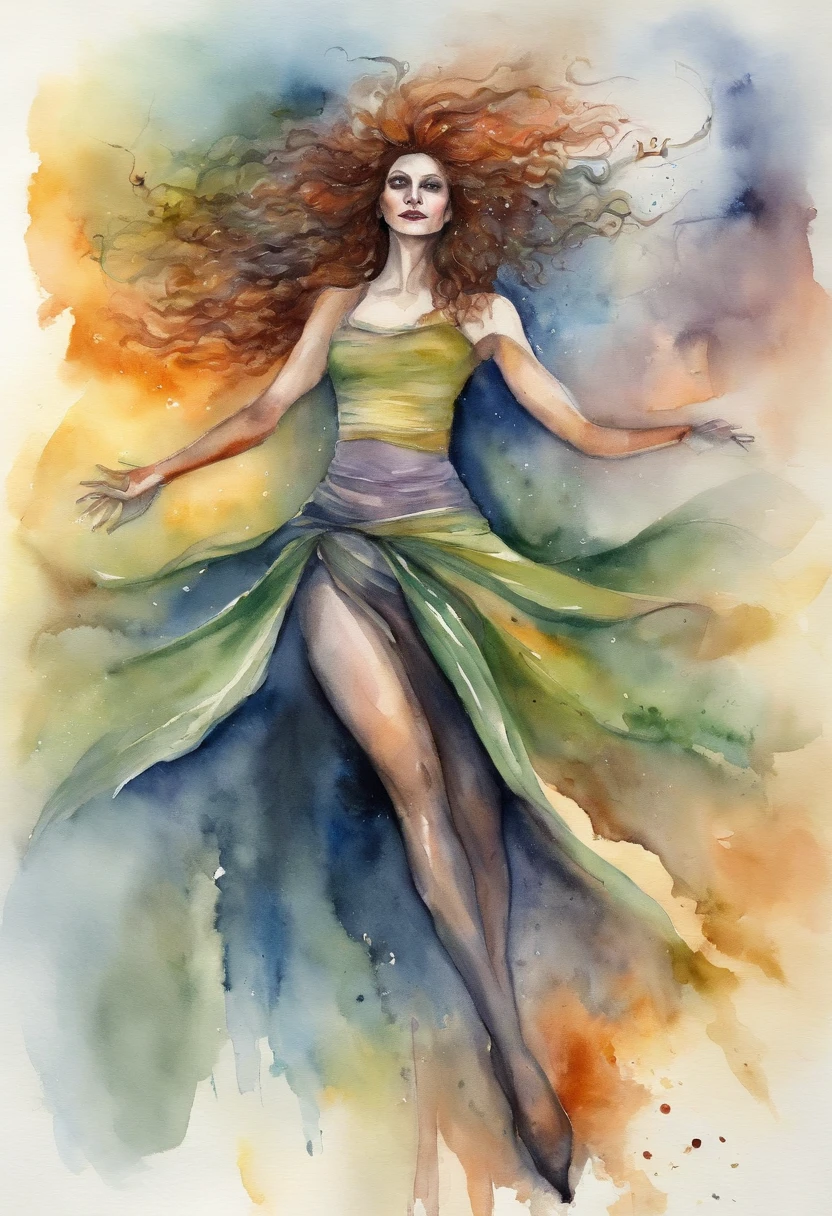 51 yo witch in a fantasy world, striped thigh-high socks, posing for viewer, messy curly hair, asymmetrically placed hair, tall woman, flowing garb, stunningly beautiful woman, arms outstretched in casting motion, arm sleeves, devious eyes, seductress