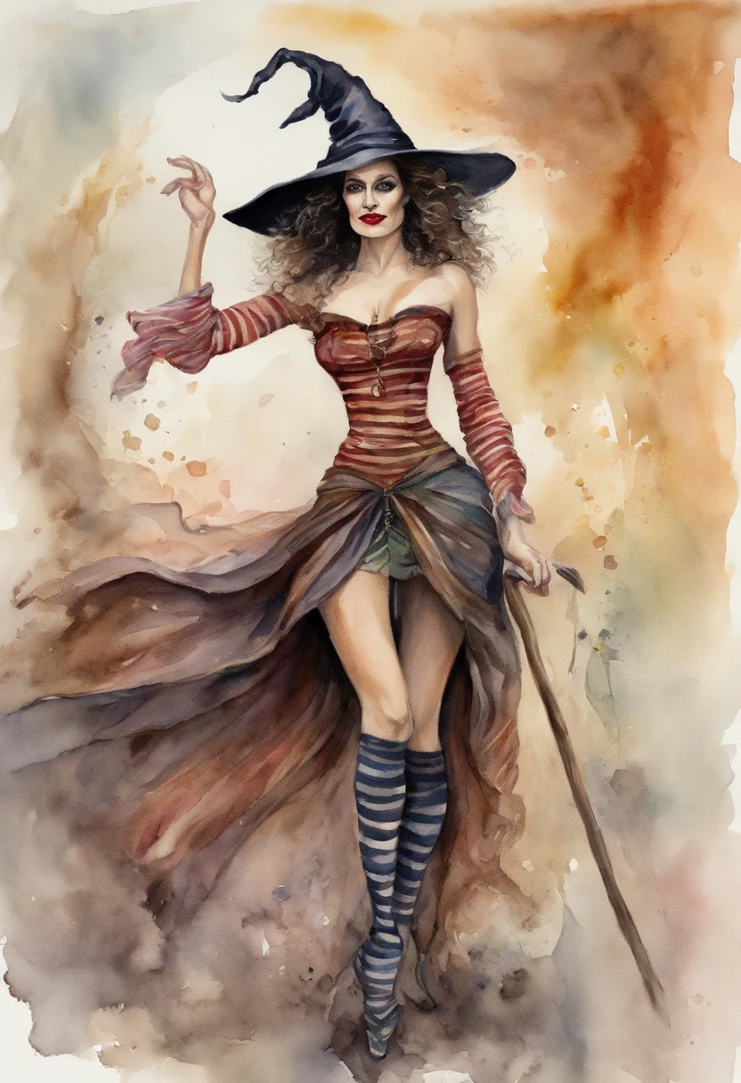 51 yo witch in a fantasy world, striped thigh-high socks, posing for viewer, messy curly hair, asymmetrically placed hair, tall woman, flowing garb, stunningly beautiful woman, arms outstretched in casting motion, arm sleeves, devious eyes, seductress