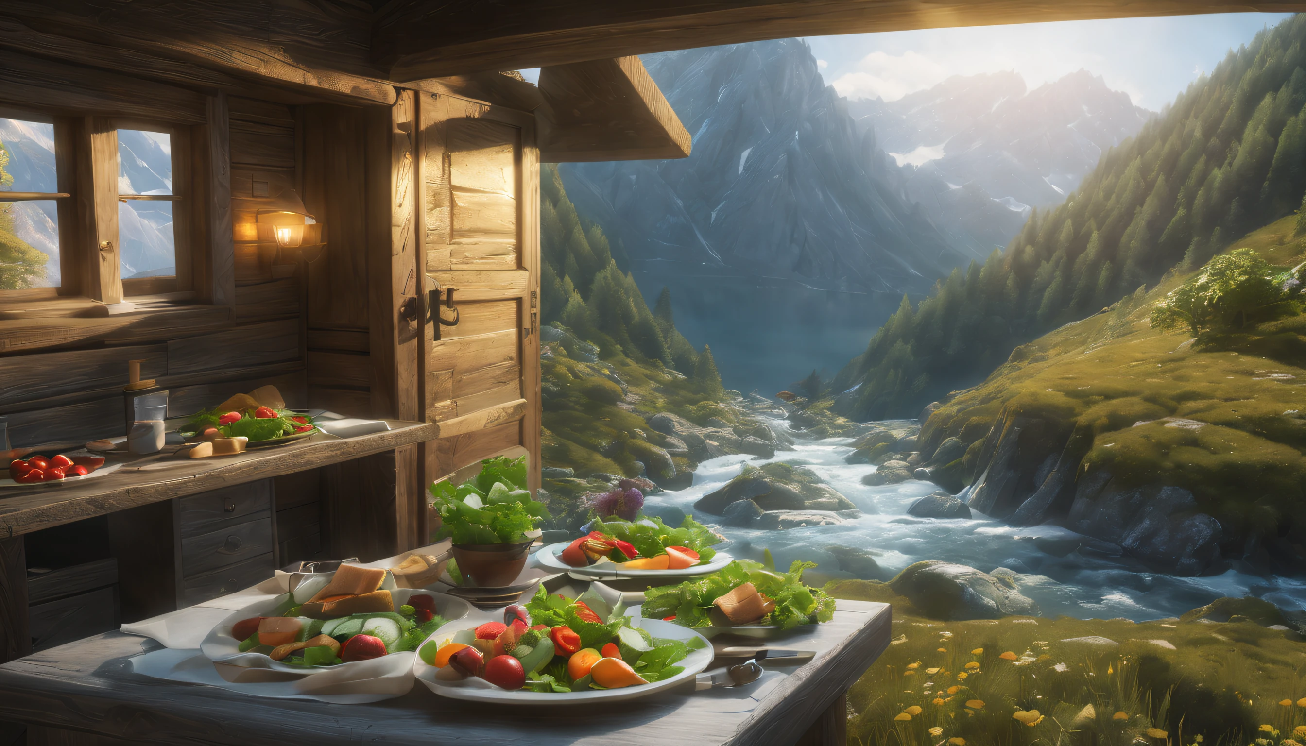 (mountain cabin), (outside dragon is eating salad:1.5), river flowing down from mount Olympus, Realism, god rays, ray tracing, chromatic aberration abuse, optical illusion, highres, 16k, textured skin, masterpiece